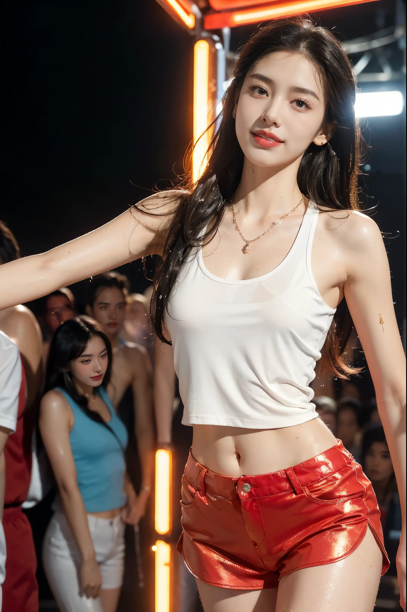 (((best quality))),(((ultra detailed))),(((masterpiece))),illustration,((1 beautiful girl,solo)),(shoulder-length straight hair:1.1),((slim,thin)),((small breasts,flat chest)),(necklace:1.2),((sweat,wet)),(shiny skin:1.5),(white tank top:1.3),(red shorts:1.3),(slender legs:1.2),(in nightclub:1.3),(neon lights:1.3), energy,(standing:1.3),(smile:1.2), conversation, thumping bass, sun-kissed skin, tanned legs,delicate features, grace, confidence, excitement, pulsating lights, capturing attention, vibrant atmosphere, center of attention,(summer:1.3),(night scene:1.3), adventure, frozen moment,((from front,upper body)),(surrounded by crowded crowds:1.3)