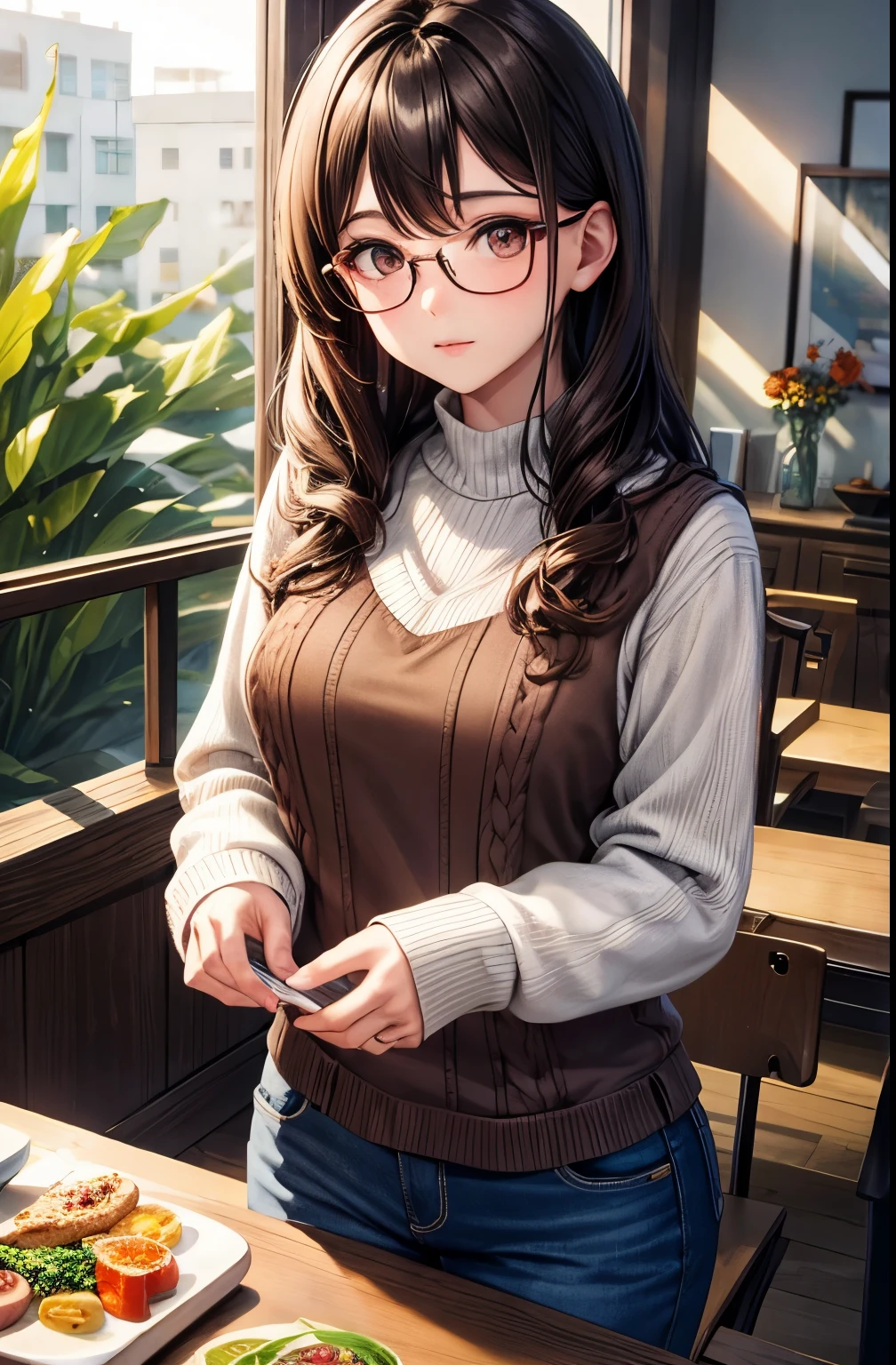 boy((Glasses,brown eyes,dark hair color,sweater,jeans))China,Stands by the Pond,Looks at Rybok,Red Fish,lilies,Arch and Stone Tile,ultra detail, top quality,masterpiece,bright colors, Wallpaper 8K,