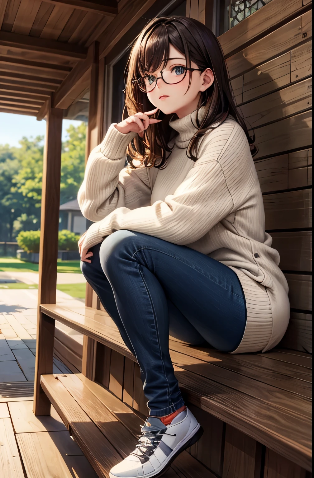 Guy 1((Glasses,brown eyes,dark hair color,sweater,jeans))China,Stands by the Pond,Looks at Rybok,Red Fish,lilies,Arch and Stone Tile,ultra detail, top quality,masterpiece,bright colors, Wallpaper 8K,((top quality, 8 K, masterpiece: 1.3)),