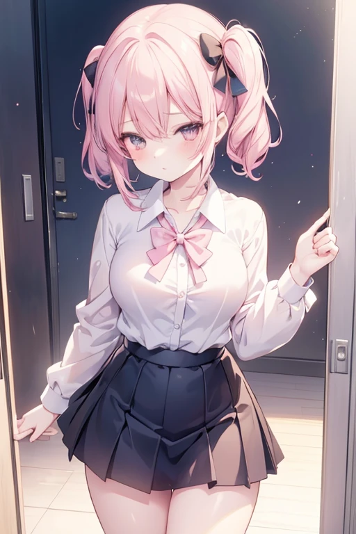 anime girl in a short skirt and a pink bow is running out of a doorl, beautiful anime high school girl, seductive anime girl, choolgirl, anime moe artstyle, school girl, smooth anime cg art, anime art, unbuttoned clothes
