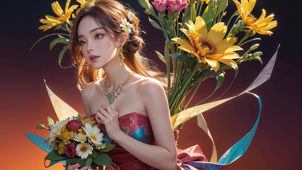 32K, 最高quality, 最高masterpiece, (ultra-Detailed Background, Detailed Background), High resolution, Super detailed, Very detailedな, One girl, (bouquet:1.3), (Tangled:1.2), (Geometric:1.2),(colorful),(masterpiece, quality, best quality, Official Art, Beautiful and beautiful:1.2), (1 girl:1.3), Very detailed,(colorful:1.1)(Flowers:1.3),Most detailed,(Tangled:1.2), whole body, (Abstract background:1.3), (Skin glows), (Many colors:1.4), ,(Earrings Jewelry:1.5), Pale Red Background,
