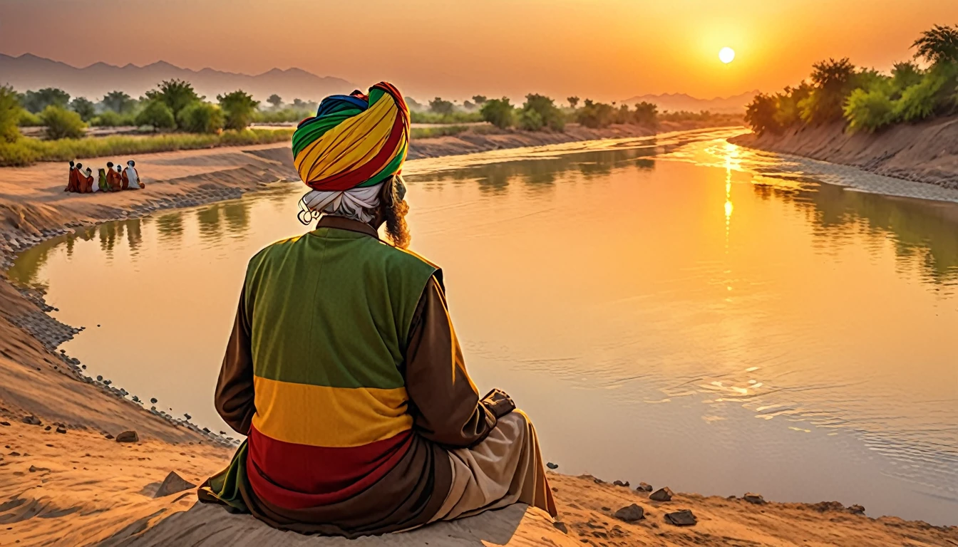 Shield of David,Indian,Turbans are Rastafarians,back view of old man,Sitting on the banks of the Indus,sunset,dim,People are small