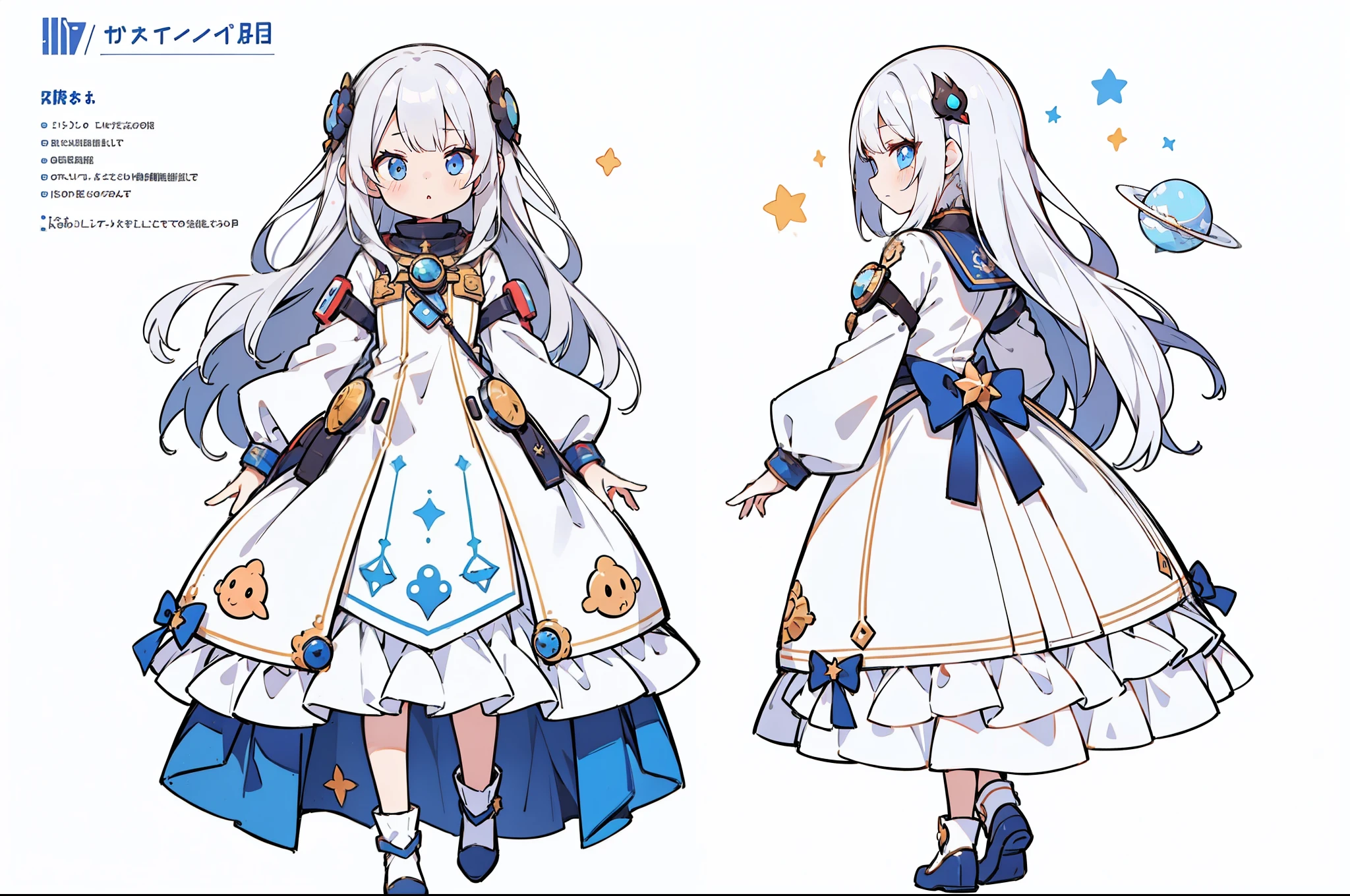 ((masutepiece)), (Highest Quality))), (CharacterDesignSheet, Space Costume, Same character, front, Side, Back), Illustration, 1 girl, Full body,silver hair flowery, star accessory, Eye hair, Beautiful eyes, Princess, Cut,Long hair, environment change scene, , taciturn, Woman, , Standing, v tuber, Charter Betarola, (Simple background, White background: 1.3) ( masutepiece:1.2), (Best Quality:1.3),（Spacesuit）