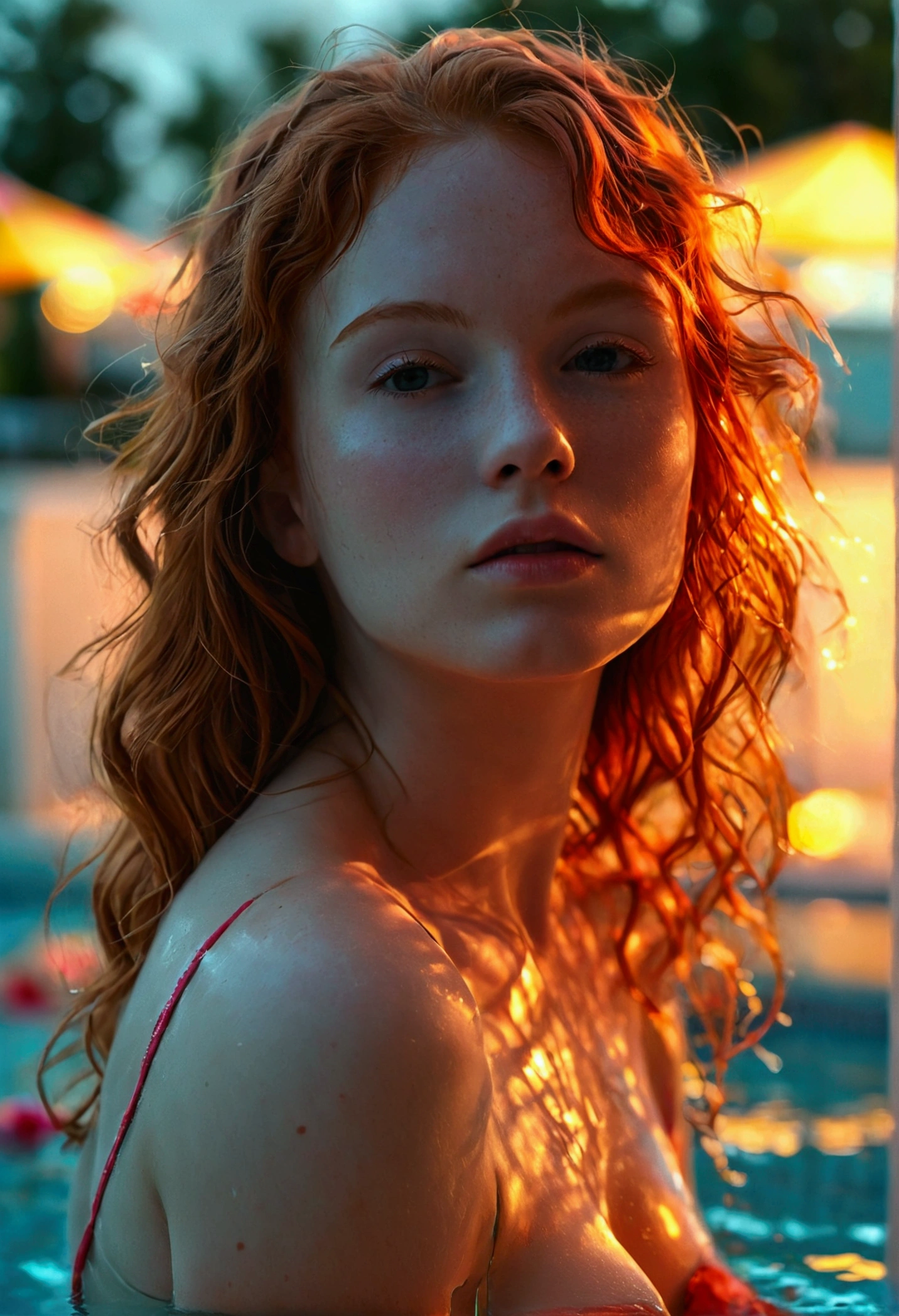Pretty redhead naked at the pool 