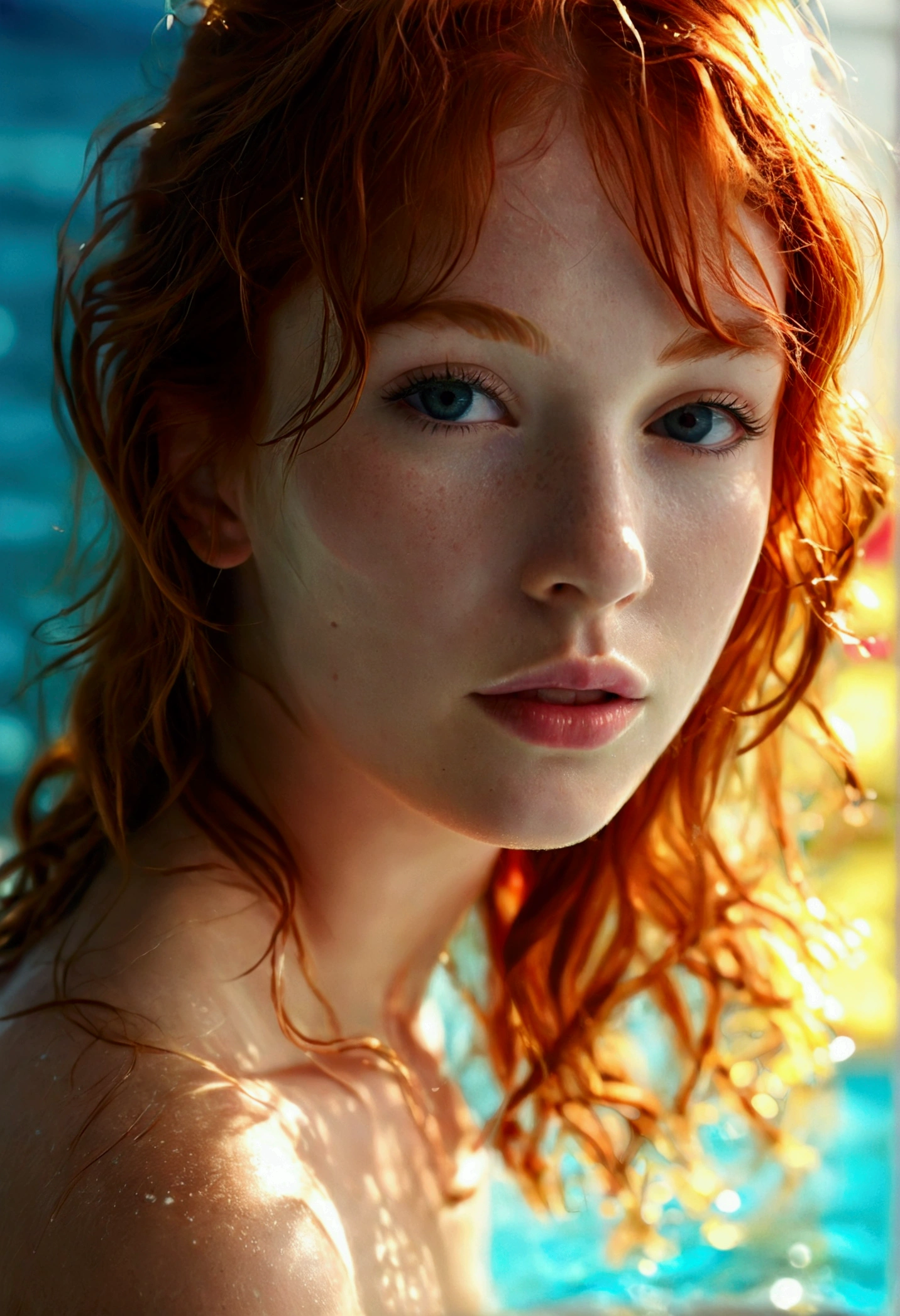 (full body shot:1.1) photorealistic image of a (standing pose:1.1) woman, ultra realistic, photography, long red hair, girl, 24 years old, hourglass figure, perfect body, Flirty look, natural medium breasts, blur background, she is in a pool, she wears a white sheer see-through t-shirt, 
