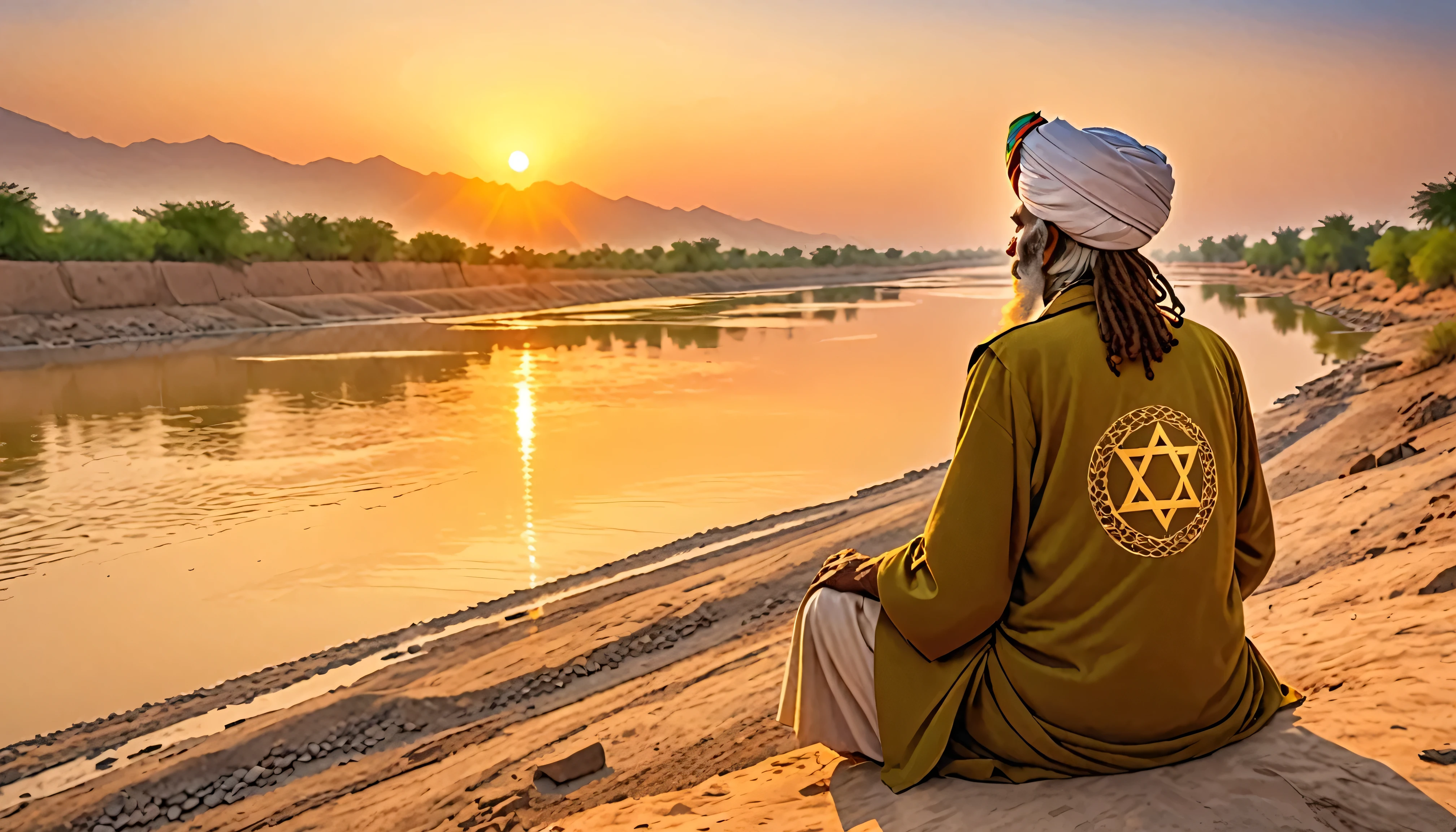 Shield of David,Indian,Turbans are Rastafarians,back view of old man,Sitting on the banks of the Indus,sunset,dim,The numbers are small