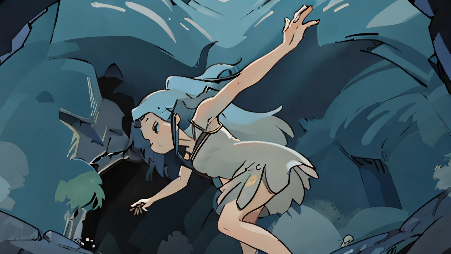 a , wearing a white dress, white dress sleeveless, in a cave, big and dark cave,  taking an arrow in the chest, black arrow in the chest, feeling pain, falling to the ground, profile shot, eye-level angle