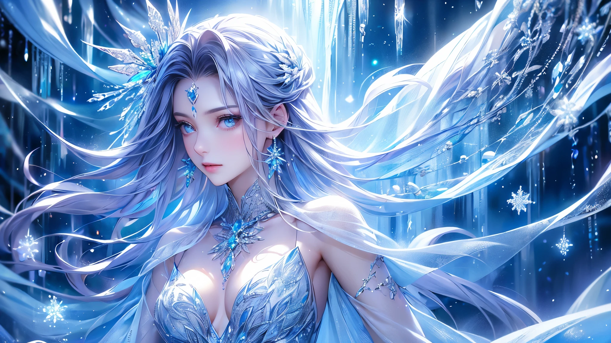 (Upper body photo:1.5)wood, Exquisite mini ice spikes and crystals, A frozen waterfall in the background, Light reflected by ice crystals, Flowing snowflakes.1 girl、pretty girl,A realistic person,Beautiful cleavage,((small breasts)),Thin legs、Tight waist、standing, Long dress