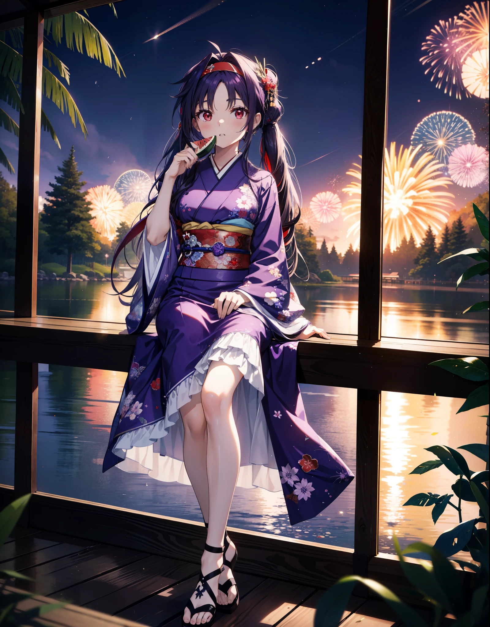 yuukikonno, Yuuki Konno, hair band, Long Hair, Pointed Ears, Purple Hair, (Red eyes:1.5), (Small breasts:1.2),low twin tail,Open your mouth,hair tied back,Purple Kimono,Purple long skirt,Sandals,Fireworks in the night sky,Fireworks,The place is a fireworks display,Time is night,sunny day,Sitting on a bench,Holding a watermelon in both hands and eating it,Wind Chimes,whole bodyがイラストに入るよう,
break looking at viewer, , whole body,
break outdoors, Veranda,Japanese garden,
break (masterpiece:1.2), Highest quality, High resolution, unity 8k wallpaper, (figure:0.8), (Beautiful attention to detail:1.6), Highly detailed face, Perfect lighting, Highly detailed CG, (Perfect hands, Perfect Anatomy),