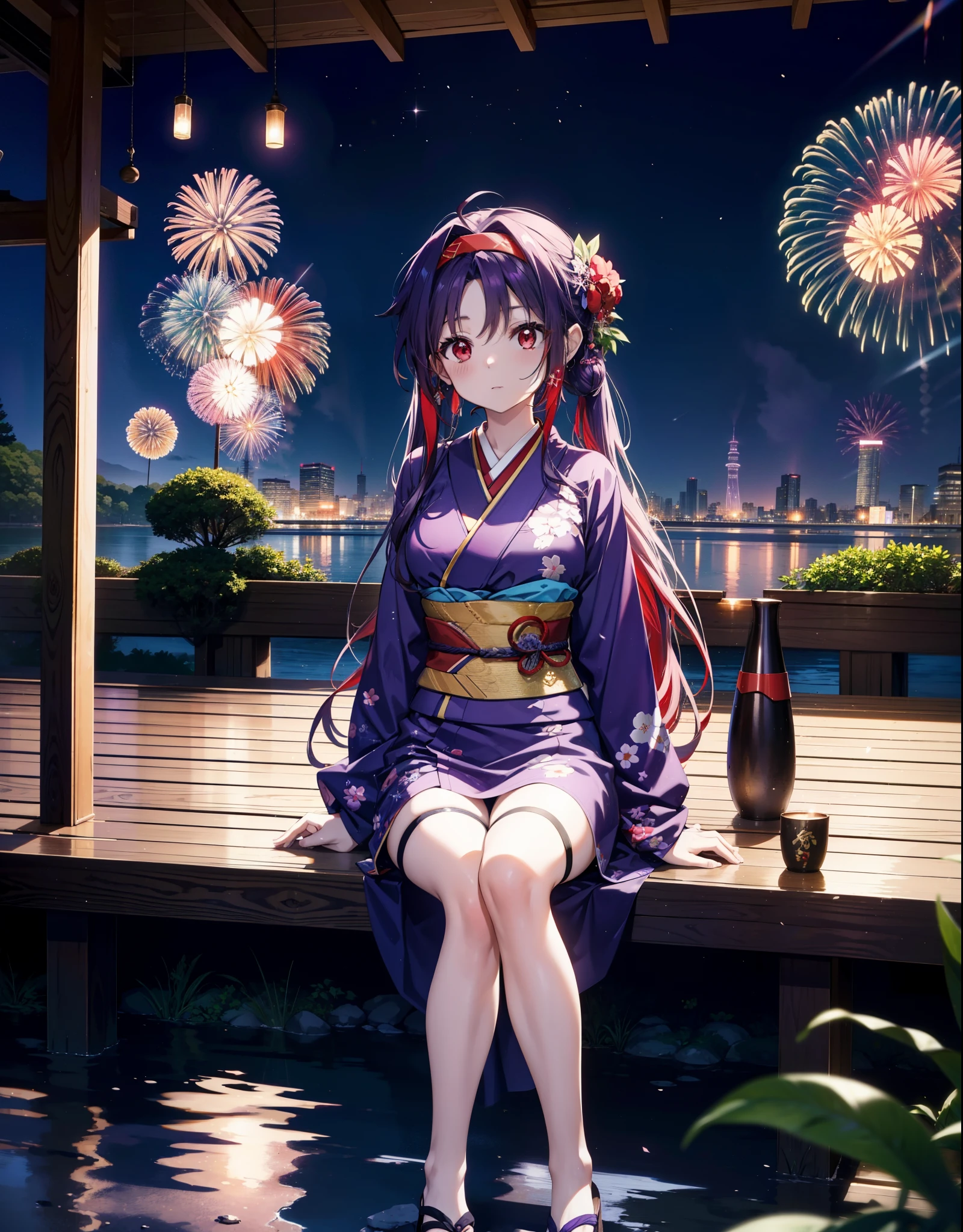 yuukikonno, Yuuki Konno, hair band, Long Hair, Pointed Ears, Purple Hair, (Red eyes:1.5), (Small breasts:1.2),low twin tail,Open your mouth,hair tied back,Purple Kimono,Purple long skirt,Sandals,Fireworks in the night sky,Fireworks,The place is a fireworks display,Time is night,sunny day,Sitting on a bench,Holding a watermelon in both hands and eating it,Wind Chimes,whole bodyがイラストに入るよう,
break looking at viewer, , whole body,
break outdoors, Veranda,Japanese garden,
break (masterpiece:1.2), Highest quality, High resolution, unity 8k wallpaper, (figure:0.8), (Beautiful attention to detail:1.6), Highly detailed face, Perfect lighting, Highly detailed CG, (Perfect hands, Perfect Anatomy),