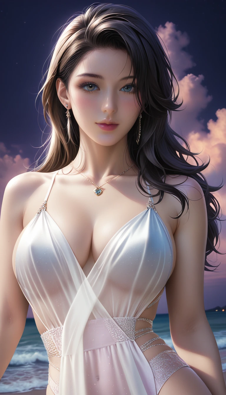 score_9, score_8_superior, score_7_superior, Masterpieces with up to 16K resolution,Highest quality,it is really amazing,Very detailed,Ultra-high resolution,(Ultra-realistic:1.1),(Realistic:1.1),Increased depth of field,Cinematic lighting,
Elegant Japanese MILF,
Long black hair,Ultra-detailed and beautiful face,Translucent white skin,Realistic skin texture,
(Elegant swimwear:1.1),
Bold design,Artistic design,Beautiful and detailed pattern,Detailed fabric texture,
Gorgeous necklace,Earrings,
(Deserted beach at night:1.4),(Dark night sky with dark clouds:1.4),
(Dramatic Angle:1.1),