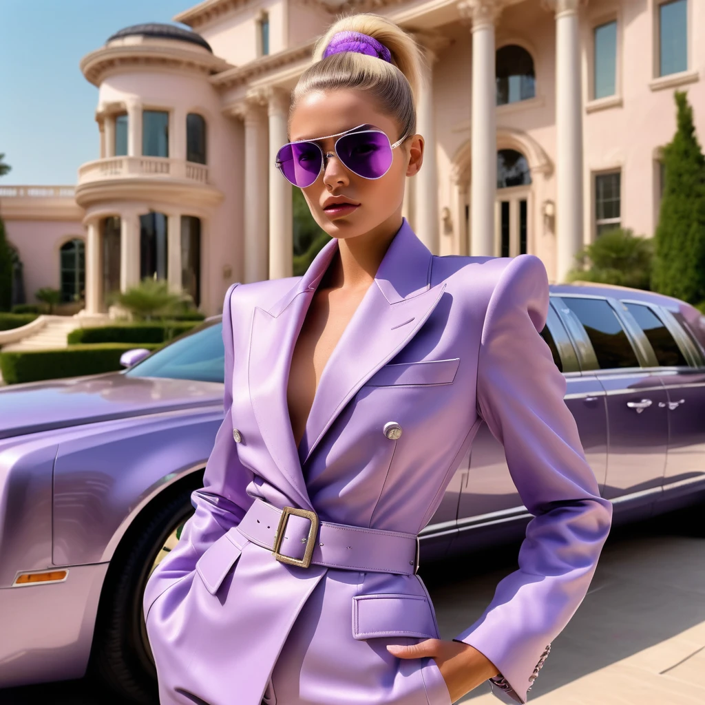 realistic photo, scorching hot day, stunningly beautiful young snob arrogant woman, extravagant luxurious modern private lavender colored mansion front, lavender aviator shades, lavender belted lavender colored leather business lavender suit with exaggerated gigantic poofy wide shoulder pads, very wide collar, wide lapels, slick tight long blond ponytail, huge eyes, luxurious lavender colored SUV limousine, exaggerated opulence, exaggerated riches, exaggerated wealth, exaggerated lavishness, ultra HD, cinematic, ultra realistic, dramatic lighting