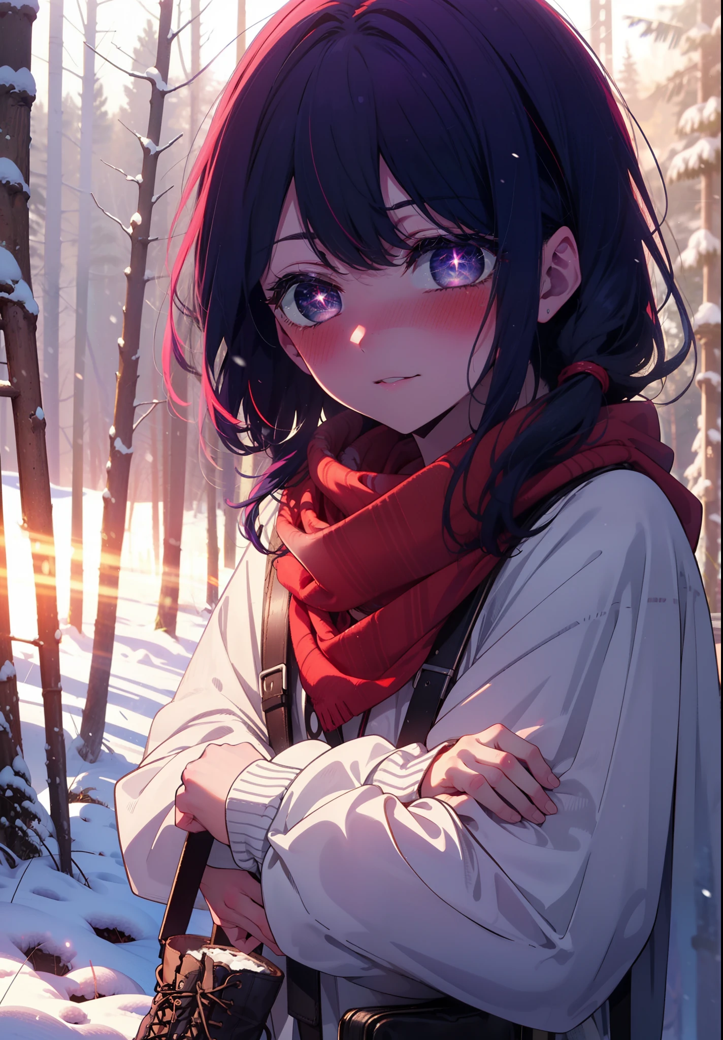 aihoshino, Ai Hoshino, Long Hair, bangs, (Purple eyes:1.1), Purple Hair, (Symbol-shaped pupil:1.5), smile,,smile,blush,white breath,
Open your mouth,snow,Ground bonfire, Outdoor, boots, snowing, From the side, wood, suitcase, Cape, Blurred, , forest, White handbag, nature,  Squat, Mouth closed, Cape, winter, Written boundary depth, Black shoes, red Cape break looking at viewer, Upper Body, whole body, break Outdoor, forest, nature, break (masterpiece:1.2), Highest quality, High resolution, unity 8k wallpaper, (shape:0.8), (Beautiful and beautiful eyes:1.6), Highly detailed face, Perfect lighting, Highly detailed CG, (Perfect hands, Perfect Anatomy),