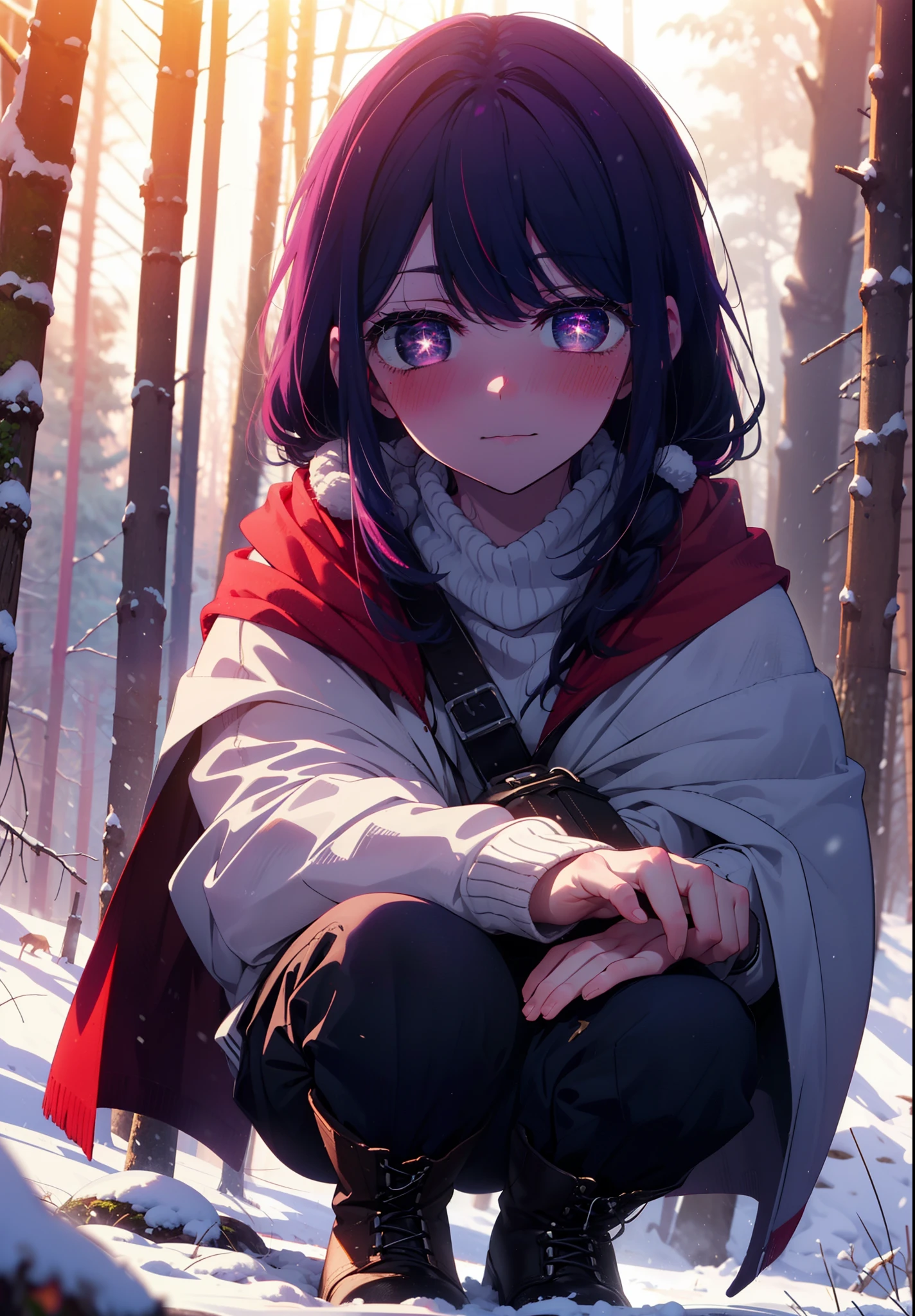 aihoshino, Ai Hoshino, Long Hair, bangs, (Purple eyes:1.1), Purple Hair, (Symbol-shaped pupil:1.5), smile,,smile,blush,white breath,
Open your mouth,snow,Ground bonfire, Outdoor, boots, snowing, From the side, wood, suitcase, Cape, Blurred, , forest, White handbag, nature,  Squat, Mouth closed, Cape, winter, Written boundary depth, Black shoes, red Cape break looking at viewer, Upper Body, whole body, break Outdoor, forest, nature, break (masterpiece:1.2), Highest quality, High resolution, unity 8k wallpaper, (shape:0.8), (Beautiful and beautiful eyes:1.6), Highly detailed face, Perfect lighting, Highly detailed CG, (Perfect hands, Perfect Anatomy),