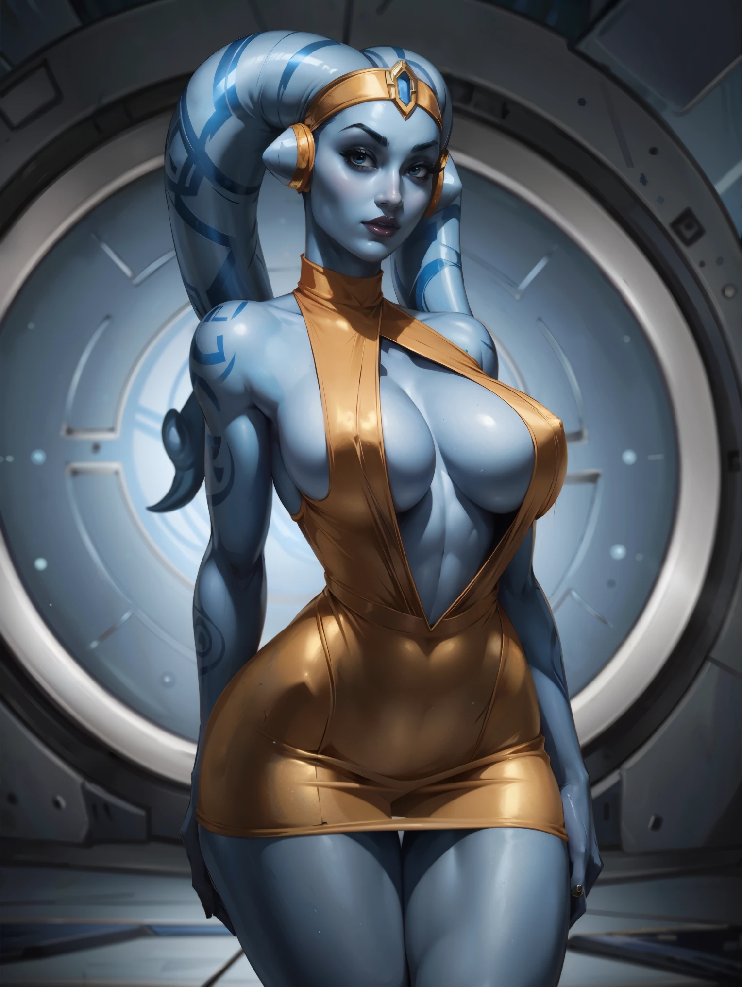 Tall Blue Skin Twi'lek with (medium breasts) wearing a tight short gold minidress, short dress, miniskirt, high neck, sleeveless, (keyhole cleavage), tattoos, huge breasts, cleavage, tall, graceful, (tall, long legs), athletic, slim hips, small waist, full-body shot