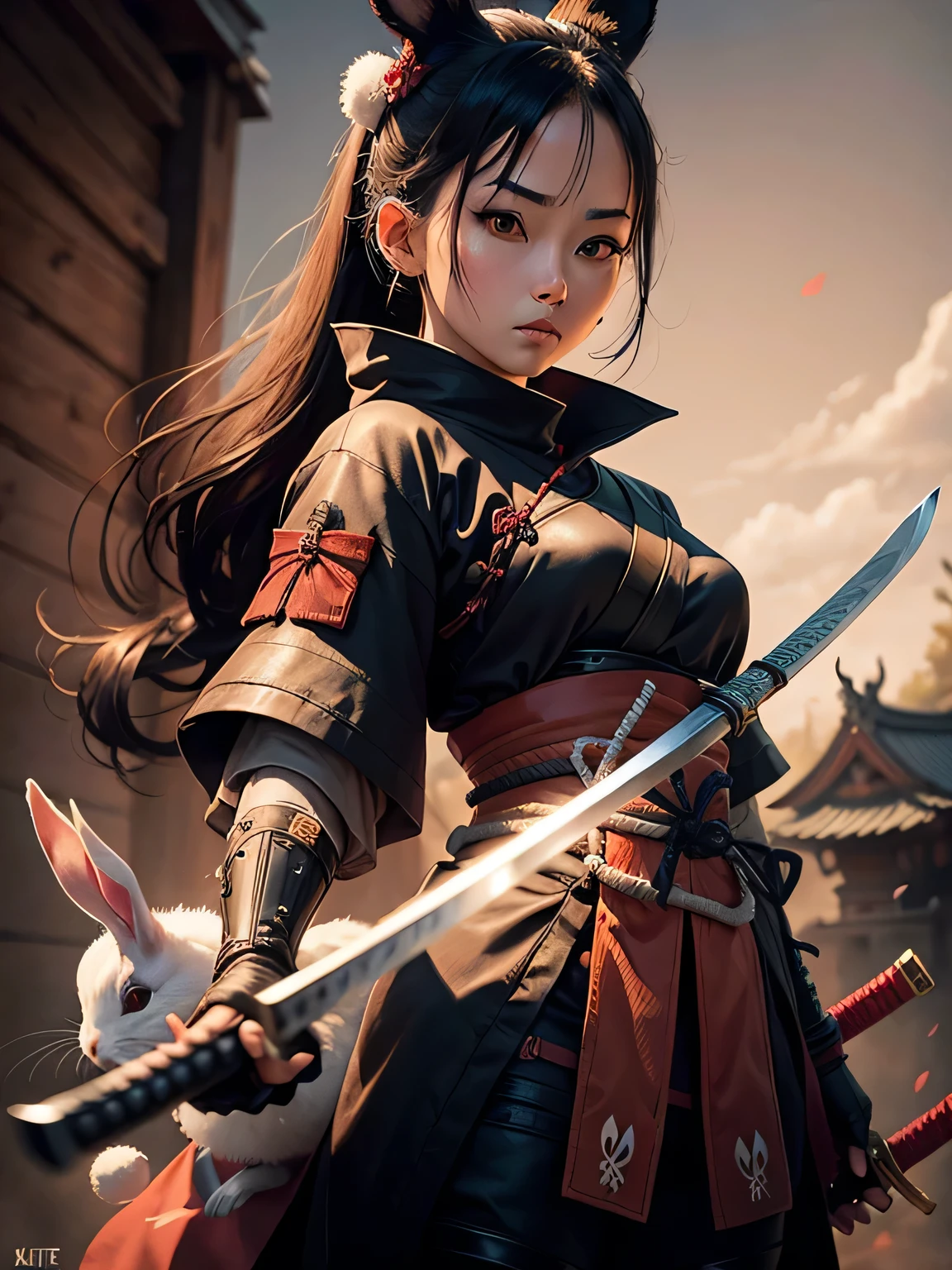 samurai assassin girl with katana and rabbit pet