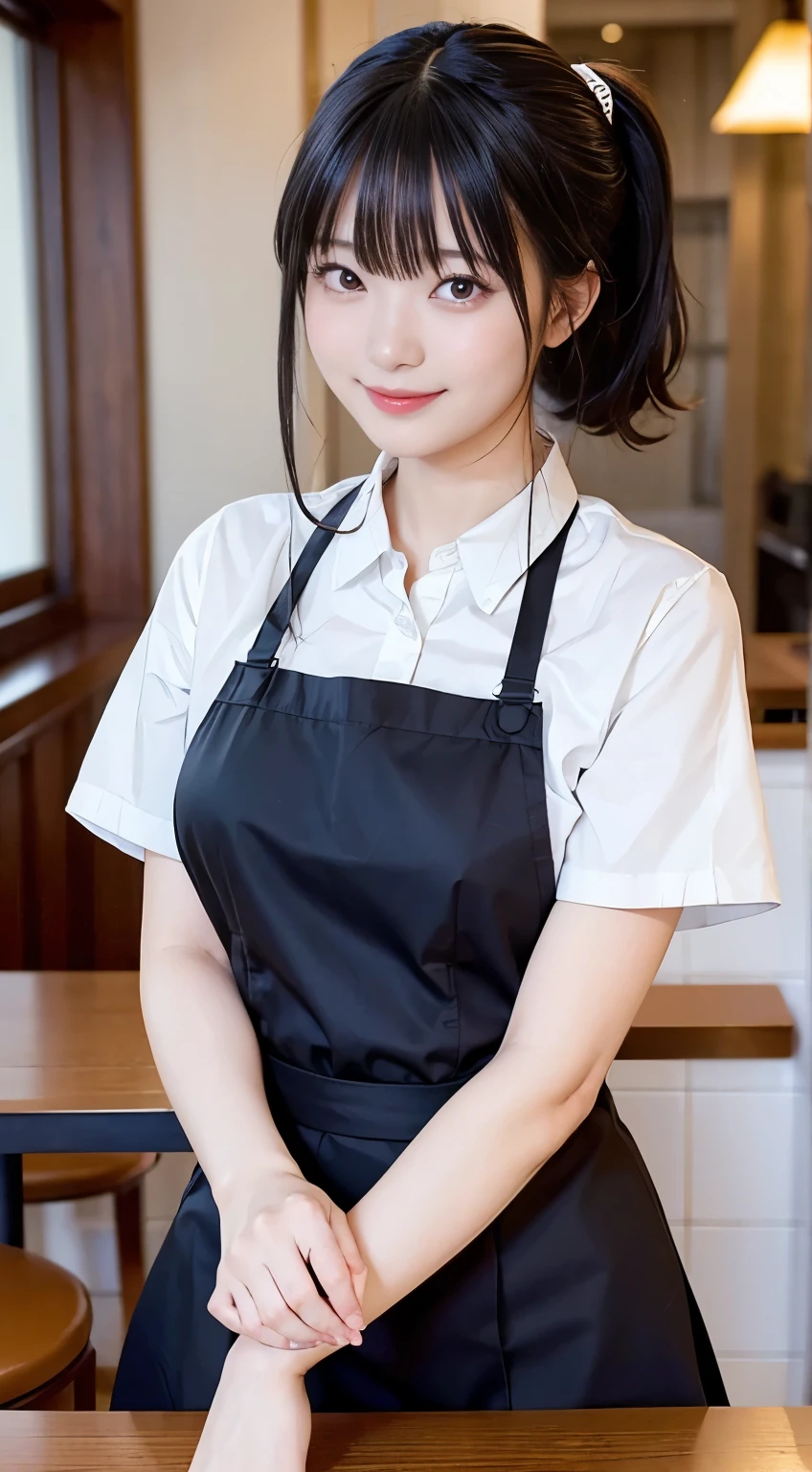 (Highest quality,masterpiece:1.3,Ultra-high resolution,),(Very detailed,Caustics),(Realistic:1.4,RAW shooting,)Ultra-Realistic Capture,Very detailed,High resolution 16K human skin closeup。 Natural skin texture、,pores、、、、It must be detailed enough to be easily identifiable。 Skin tone is even and healthy looking。 Use natural light and colour,restaurant,Waitress Uniform,1 girl,Japanese,18-year-old,cute,Black-haired,ponytail,Big Breasts,smile,Turn your body forward,(Front view:1.1),Looking into the camera,Cowboy Shot,