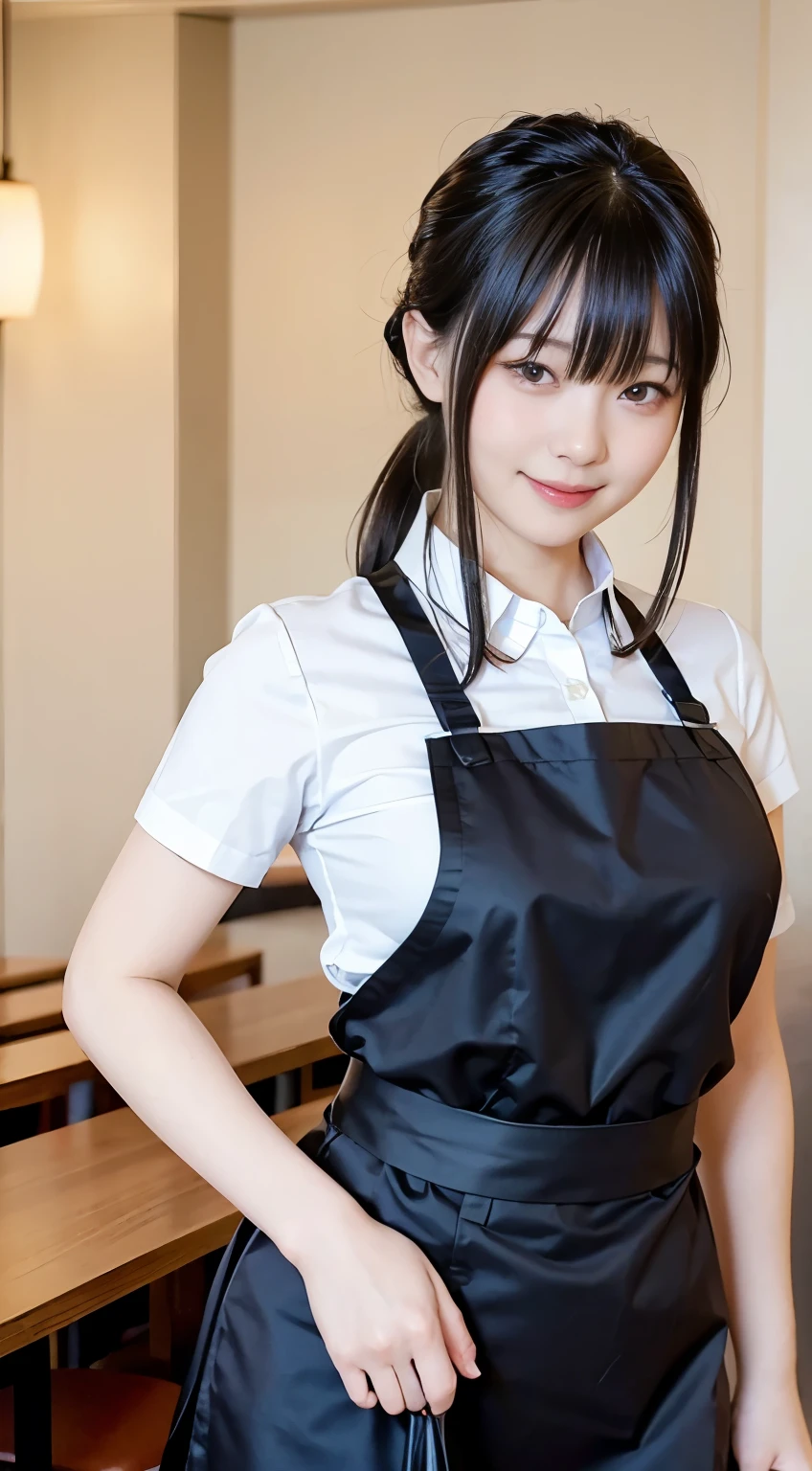(Highest quality,masterpiece:1.3,Ultra-high resolution,),(Very detailed,Caustics),(Realistic:1.4,RAW shooting,)Ultra-Realistic Capture,Very detailed,High resolution 16K human skin closeup。 Natural skin texture、,pores、、、、It must be detailed enough to be easily identifiable。 Skin tone is even and healthy looking。 Use natural light and colour,restaurant,Waitress Uniform,1 girl,Japanese,18-year-old,cute,Black-haired,ponytail,Big Breasts,smile,Turn your body forward,(Front view:1.1),Looking into the camera,Cowboy Shot,