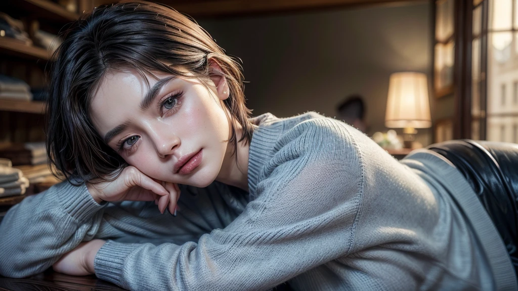 (8K, highest quality, masterpiece:1,2), (realistic, Photoreal:1.37), Super detailed, one girl,), (very detailed), (detailed and beautiful eyes), ((((highly detailed artwork))))、Earrings、((Two-toned hair))、ponytail、(((Inside a stylish secondhand clothing store)))、(masterpiece、Highest quality、In 8K、32K、masterpiece、Super huge 、Ultra-high resolution、Impressionism、Realistic:1.2)、((Cowboy Shot)),  Sharp focus、Beautiful face with detailed background of face and eyelids、Glowing Skin、Sharp pupils、Realistic eyes and beautiful face、Blurred Background、Beautiful 28 year old girl、Glowing Skin、(((bright and beautiful hair)))、iris、curve、Powerful composition, ((lying , on side)) ((seductive looks))、((horny expression))、、(light blue hair color))、[black hair]、Best Quality, Ultra High Definition, (Photorealistic:1.4),Sunset Light, Ponytail, Korean Women, (big breasts), Detailed Photo, Smiling, Sexy, Black Shirt, Facing Camera,  (Masterpiece: 1.3), (8K, Photorealistic, Best Quality: 1.4), (1girl), Beautiful Face, (Realistic Face), (Black Hair, Short Hair: 1.3), Beautiful Hairstyle, Realistic eyes, beautiful detail eyes, (realistic skin), beautiful skin, (sweater), absurd, attractive, ultra high resolution, ultra realistic, high definition, golden ratio, sitting, crossed legs, black skirt, ((a piece of clothings covering chest))