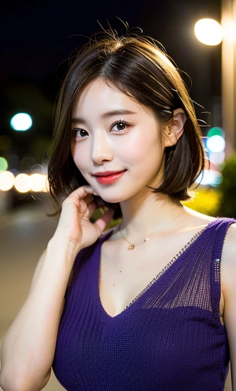 (a beautiful woman, age 28, natural pose near Tokyo Tower, wearing see-through purple dress, White Daisy hair clip, feminine expression, kind smile, short disheveled hair, super definition face, fine eyes with double eyelids, dimpled kind smile, beautiful lips, fair skin, super cute and soft face, brown hair, soft toned body, ample round bosom, 8k resolution, super realistic, super definition, highest definition, masterpiece, night, bokeh_background, SFW)