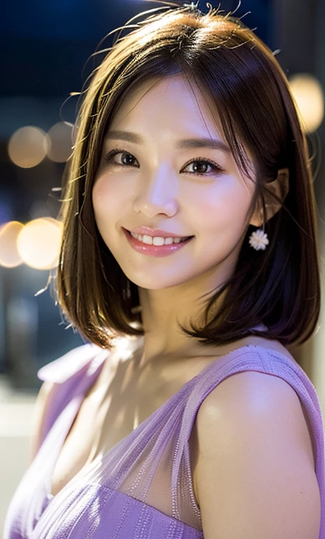 (a beautiful woman, age 28, natural pose near Tokyo Tower, wearing see-through purple dress, White Daisy hair clip, feminine expression, kind smile, short disheveled hair, super definition face, fine eyes with double eyelids, dimpled kind smile, beautiful lips, fair skin, super cute and soft face, brown hair, soft toned body, ample round bosom, 8k resolution, super realistic, super definition, highest definition, masterpiece, night, bokeh_background, SFW)