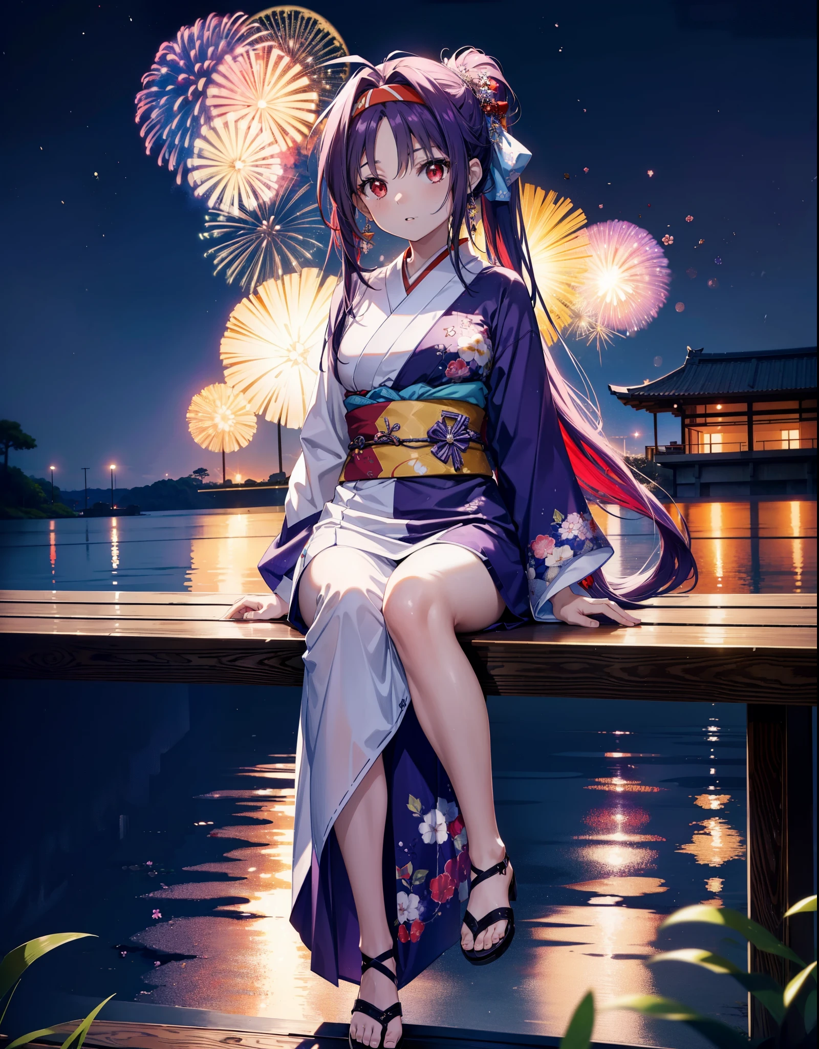 yuukikonno, Yuuki Konno, hair band, Long Hair, Pointed Ears, Purple Hair, (Red eyes:1.5), (Small breasts:1.2),low twin tail,Open your mouth,hair tied back,Purple Kimono,Purple long skirt,Sandals,Fireworks in the night sky,Fireworks,The place is a fireworks display,Time is night,sunny day,Sitting on a bench,Holding a watermelon in both hands and eating it,Wind Chimes,whole bodyがイラストに入るよう,
break looking at viewer, , whole body, (Cowboy Shot:1. 5)
break outdoors, Veranda,Japanese garden,
break (masterpiece:1.2), Highest quality, High resolution, unity 8k wallpaper, (figure:0.8), (Beautiful attention to detail:1.6), Highly detailed face, Perfect lighting, Highly detailed CG, (Perfect hands, Perfect Anatomy),