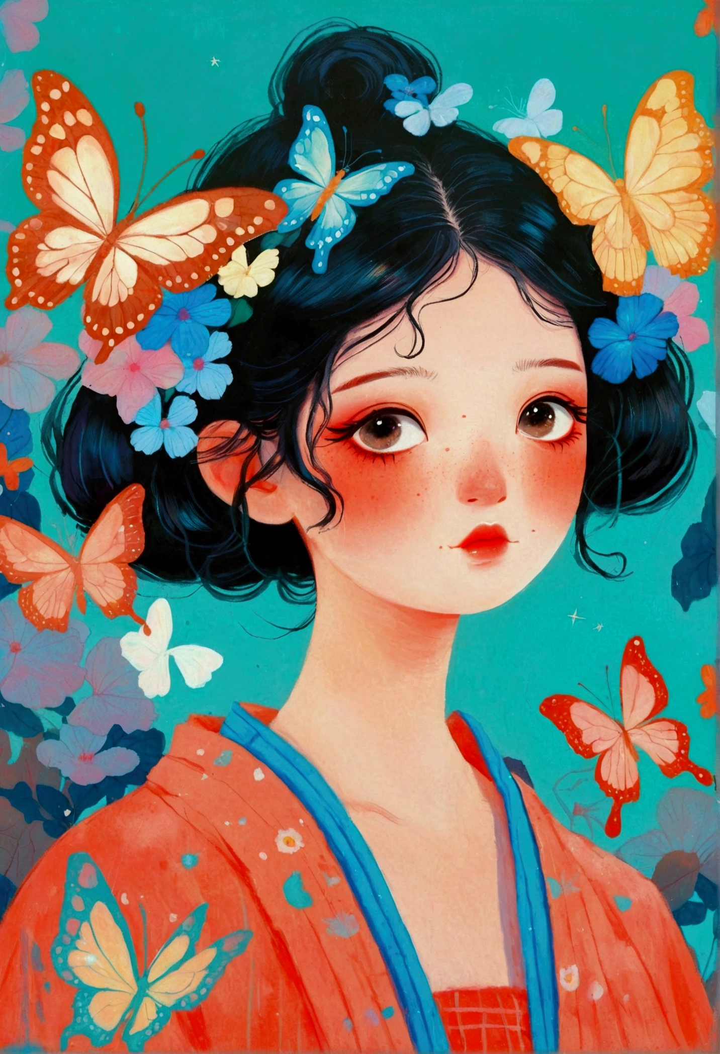 A painting,There is a girl in the painting,There is a butterfly on the head, Beeple 和 Jeremiah Ketner, Loish |, Loish and ross tran, author:Shimoda Hikaru, james jean 和 wlop, Loish and wlop, A beautiful artistic illustration, Fairy Tale Core, by Loish, beeple 和 james jean, james jean soft light 4k