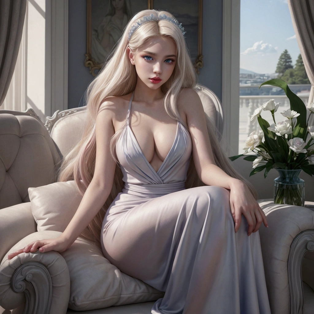 ((best quality)) ((artwork)) Appearance Details Species: Age: 20 Woman Hair: Platinum blonde, quite long and abundant Eyes: Blue Body: 5'5", light skin, lean and curvy Face: Young, beautiful, delicate features and full lips Features: Light pink lipstick Clothing: Simple white, sleeveless robe Pose: Sitting on a sofa with an elegant pose. Landscape: nordic palace.