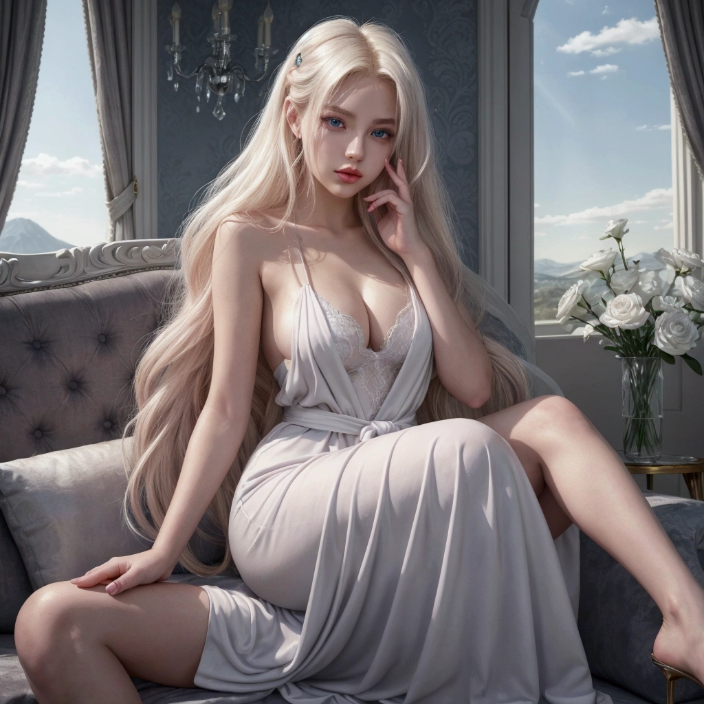((best quality)) ((artwork)) Appearance Details Species: Age: 20 Woman Hair: Platinum blonde, quite long and abundant Eyes: Blue Body: 5'5", light skin, lean and curvy Face: Young, beautiful, delicate features and full lips Features: Light pink lipstick Clothing: Simple white, sleeveless robe Pose: Sitting on a sofa with an elegant pose. Landscape: nordic palace.