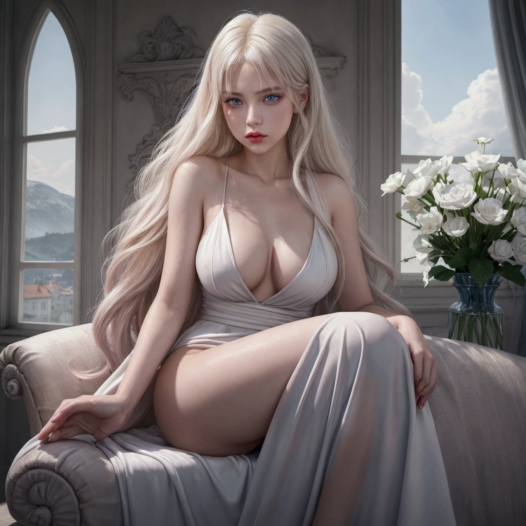 masterpiece, best quility, high_quality, high_resolution, masterpiece*portait, whitespace, colorful, 1girl, solo, white_hair, a Queen, sitting on throne, middle aged, huge breasts, sexy slim body, curve body, cleavage breast. 