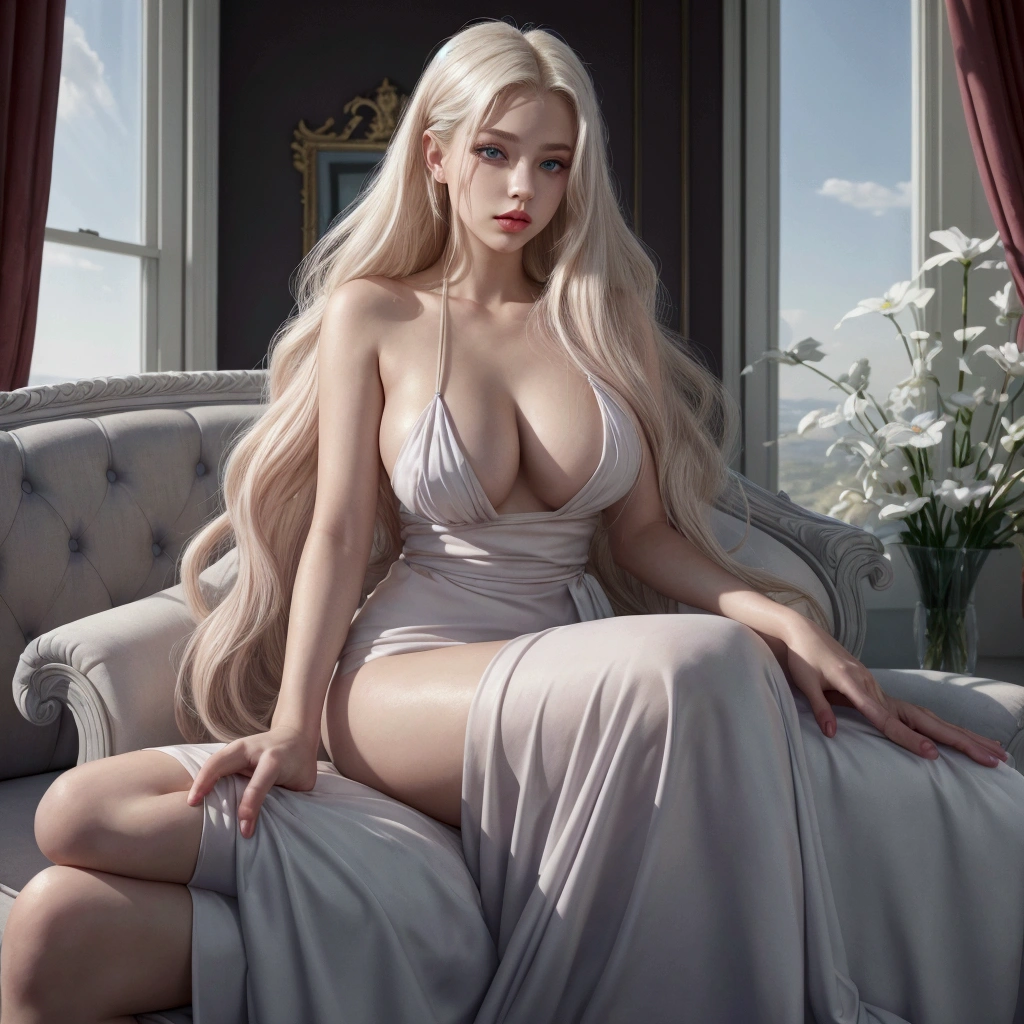 ((best quality)) ((artwork)) Appearance Details Species: Age: 20 Woman Hair: Platinum blonde, quite long and abundant Eyes: Blue Body: 5'5", light skin, lean and curvy Face: Young, beautiful, delicate features and full lips Features: Light pink lipstick Clothing: Simple white, sleeveless robe Pose: Sitting on a sofa with an elegant pose. Landscape: nordic palace.