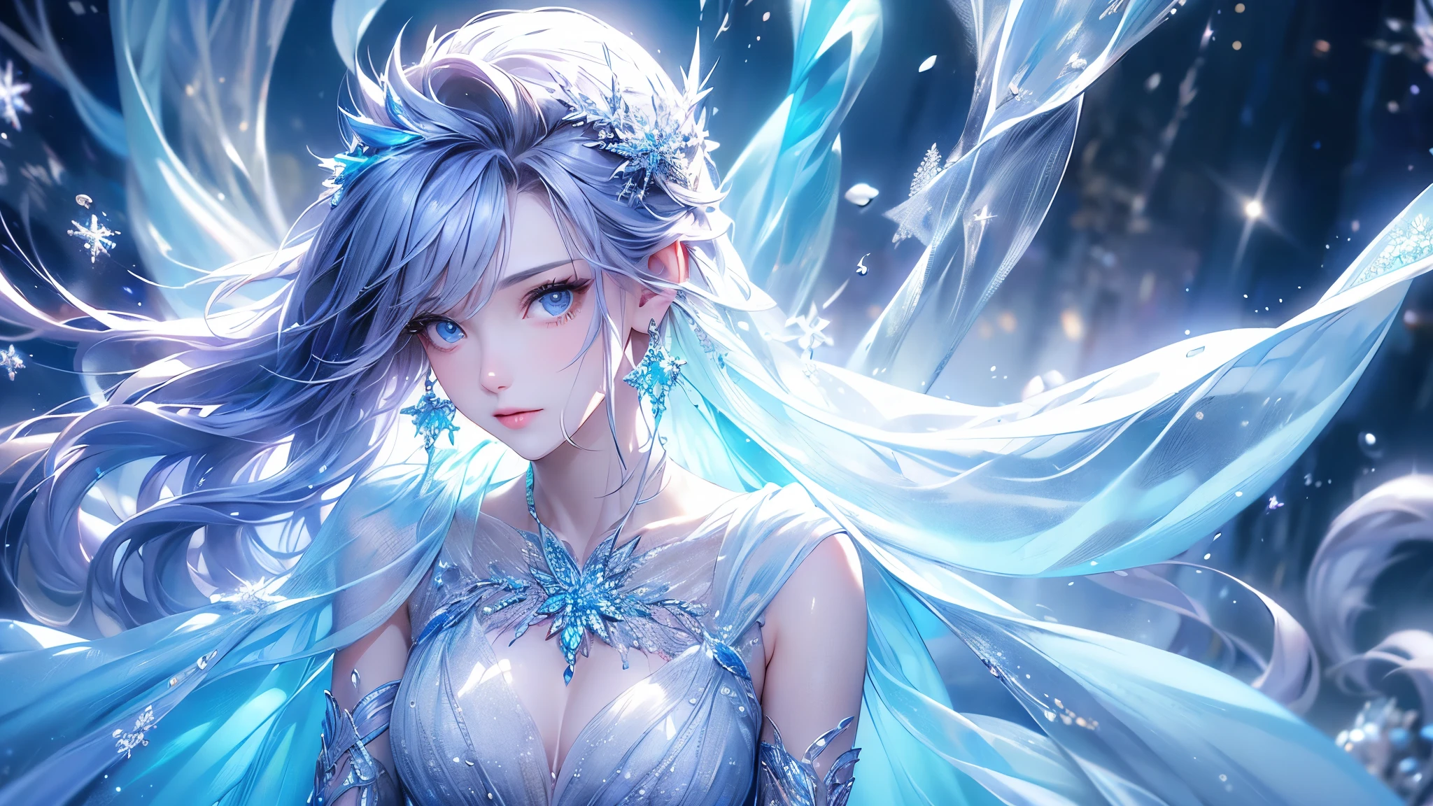 (Upper body photo:1.5)wood, Exquisite mini ice spikes and crystals, A frozen waterfall in the background, Light reflected by ice crystals, Flowing snowflakes.1 girl、pretty girl,A realistic person,Beautiful cleavage,((small breasts)),Thin legs、Tight waist、standing, Long dress