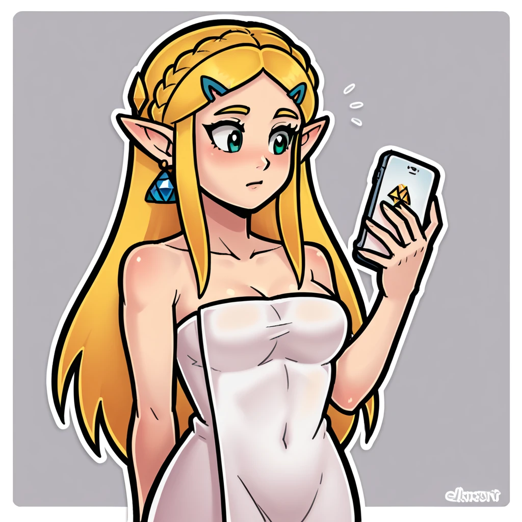 score_9_presence, score_8_up, princess Zelda, wrapped in towel, medium breasts, holding phone