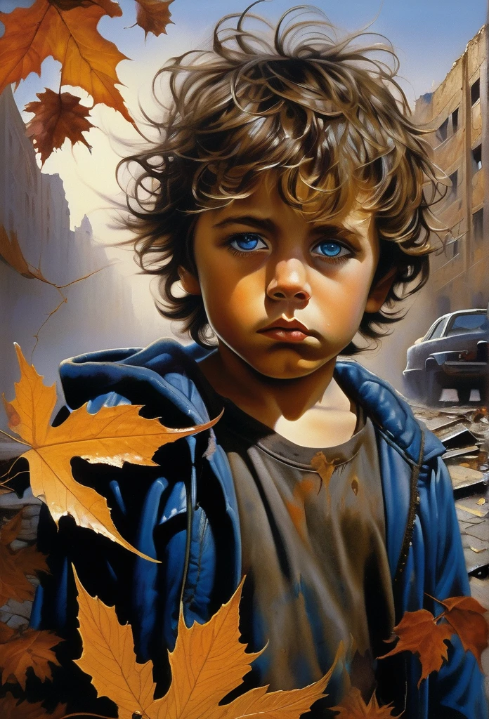 The description depicts a close up portrait of A truly amazing art (((little boy))) with blue eyes, tears streaming down, messy dark curls and disheveled in spirit silhoutte form, torn clothing and a posed, melancholic expression suggesting a mix of sadness and wonder, crouched on a (dilapidated city street), surrounded by leaves and debris, surrounded by the remnants of war, framed by a softly blurred backdrop that gives an ethereal feel, his gaze focused downwards towards a (vaguely ruined urban landscape) where the light takes on fantastical, dreamlike tones, capturing the style of Boris Vallejo, luis royo, and julie bell