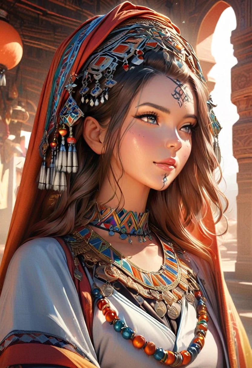 (best quality,photorealistic),vibrant colors, detailed facial features, intricate hair, traditional attire, confident posture, traditional Moroccan jewelry, sunlight illuminating the scene, lively and energetic composition.