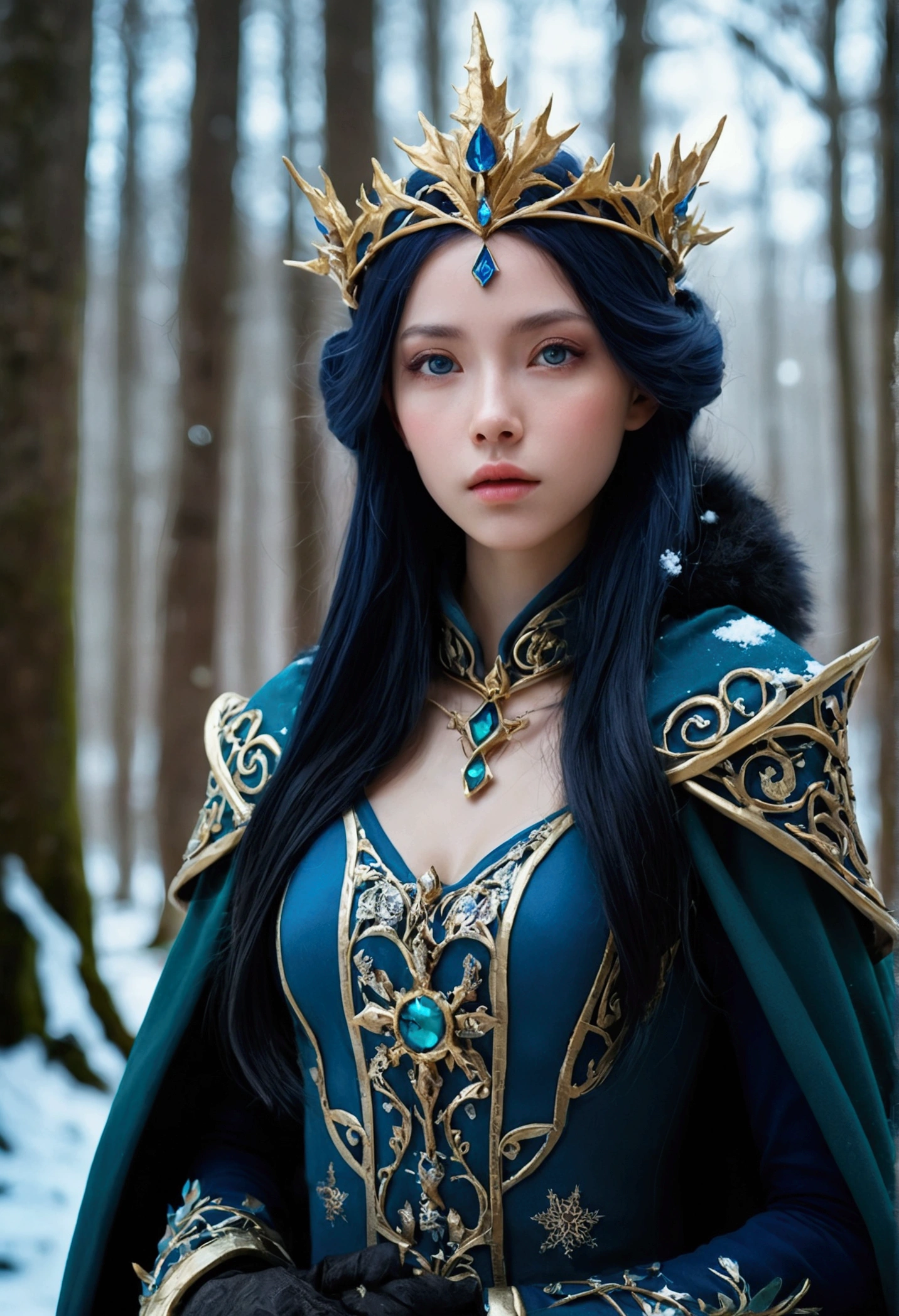 Wearing an ice crown、Woman wearing dark blue winter cloak with gold details, snowflake brooch. Black long hair. Winter queen, Elf Princess, retrato de uma Fairy Queen, Fairy Queen, winter princess, uma Fairy Queen, Artistic Germ em artstation pixiv, bela e elegante Fairy Queen, whole body. Standing in the snow,In front of a huge ice castle. rpg character. medieval era. Elf Woman. Red-haired elves. blue eyes. Forest Elves. Forest Elves战士. Elf Archer. Medieval archers. Archery. Organic Amadurlah. Moss green armor. Soft lighting. Standing in the middle of the forest. Dense forest. Bioluminescent Mushrooms. Fantasy scene. sunlight. sunshine. Warm highlights. Blue and yellow-green color palette. Role Playing Game Character Design. IG Model | Artistic Germ, :: rossdraws, The artwork is not guweiz's style, extremamente detalhada Artistic Germ. whole body, Detailed background of the castle, Ultra Detailed, Detailed face, pov photos, author:Lee Jeffries, Nikon D850, Movie Stock Photography ,4 Kodak Portra 400, F1 Camera Lens.6, colorful, Surreal, Realistic texture, Dramatic lighting, Movie 800 (8K, original photo, Better quality, First job: 1.2), Ultra Detailed, (Highly refined skin: 1.2), 8K UHD, Digital SLR Camera, Soft lighting, high quality.IG Model | Artistic Germ, :: rossdraws, The artwork is not guweiz's style, extremamente detalhada Artistic Germ. whole body, Detailed background of the castle, Ultra Detailed, Detailed face, pov photos, author:Lee Jeffries, Nikon D850, Movie Stock Photography ,4 Kodak Portra 400, F1 Camera Lens.6, colorful, Surreal, Realistic texture, Dramatic lighting, 800