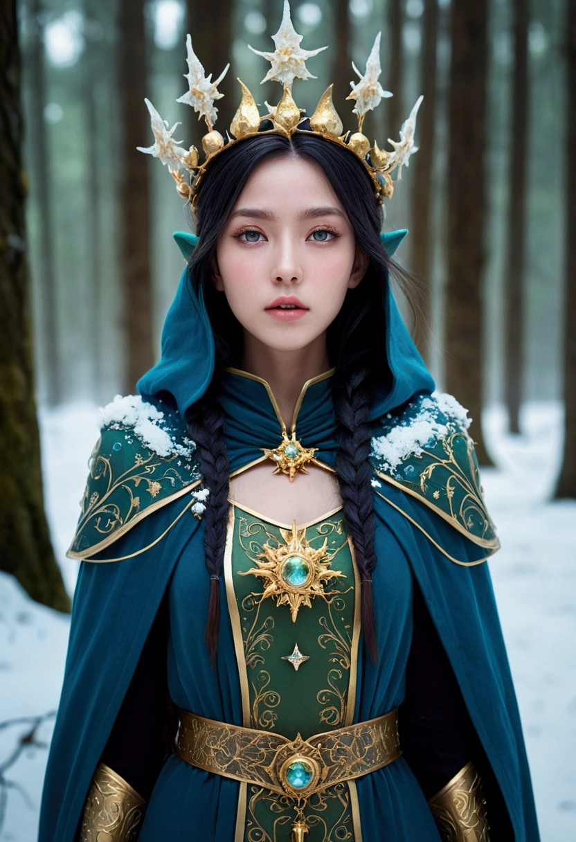 Wearing an ice crown、Woman wearing dark blue winter cloak with gold details, snowflake brooch. Black long hair. Winter queen, Elf Princess, retrato de uma Fairy Queen, Fairy Queen, winter princess, uma Fairy Queen, Artistic Germ em artstation pixiv, bela e elegante Fairy Queen, whole body. Standing in the snow，In front of a huge ice castle. rpg character. medieval era. Elf Woman. Red-haired elves. blue eyes. Forest Elves. Forest Elves战士. Elf Archer. Medieval archers. Archery. Organic Amadurlah. Moss green armor. Soft lighting. Standing in the middle of the forest. Dense forest. Bioluminescent Mushrooms. Fantasy scene. sunlight. sunshine. Warm highlights. Blue and yellow-green color palette. Role Playing Game Character Design. IG Model | Artistic Germ, :: rossdraws, The artwork is not guweiz&#39;s style, extremamente detalhada Artistic Germ. whole body, Detailed background of the castle, Ultra Detailed, Detailed face,  pov photos, author：Lee Jeffries, Nikon D850, Movie Stock Photography ,4 Kodak Portra 400, F1 Camera Lens.6, colorful, Surreal, Realistic texture, Dramatic lighting, Movie 800 (8K, original photo, Better quality, First job: 1.2), Ultra Detailed, (Highly refined skin: 1.2), 8K UHD, Digital SLR Camera, Soft lighting, high quality.IG Model | Artistic Germ, :: rossdraws, The artwork is not guweiz&#39;s style, extremamente detalhada Artistic Germ. whole body, Detailed background of the castle, Ultra Detailed, Detailed face,  pov photos, author：Lee Jeffries, Nikon D850, Movie Stock Photography ,4 Kodak Portra 400, F1 Camera Lens.6, colorful, Surreal, Realistic texture, Dramatic lighting,  800