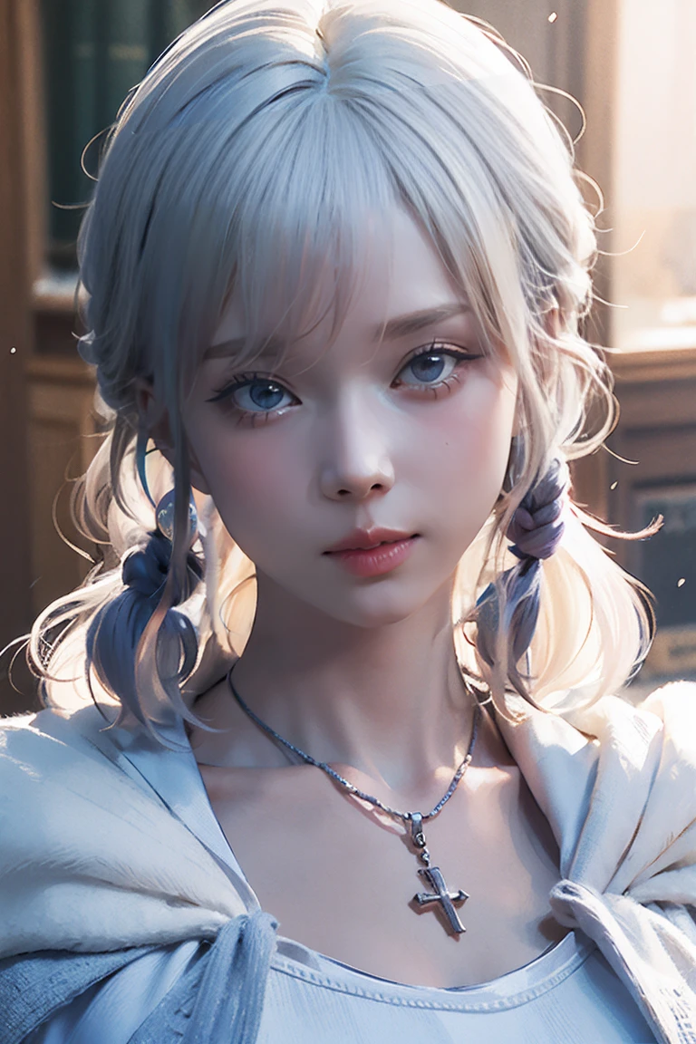 Close-up of a woman with tattoos on her chest, girl, Short white hair with bangs, Black strands of hair, Purple eyes, White T-shirt and white cape, Pendant around the neck. 超High resolution.Photorealistic. 超High resolution.Photorealistic:1.4,超High resolution. Realistic,High resolutionで, masterpiece, Highest quality, Very detailed, Better Shadows, Volumetric lighting), super high quality, High resolution, 8k, 超Realisticな肖像画 , Photorealistic, Dynamic Lighting, Volumetric lighting, Very detailed顔