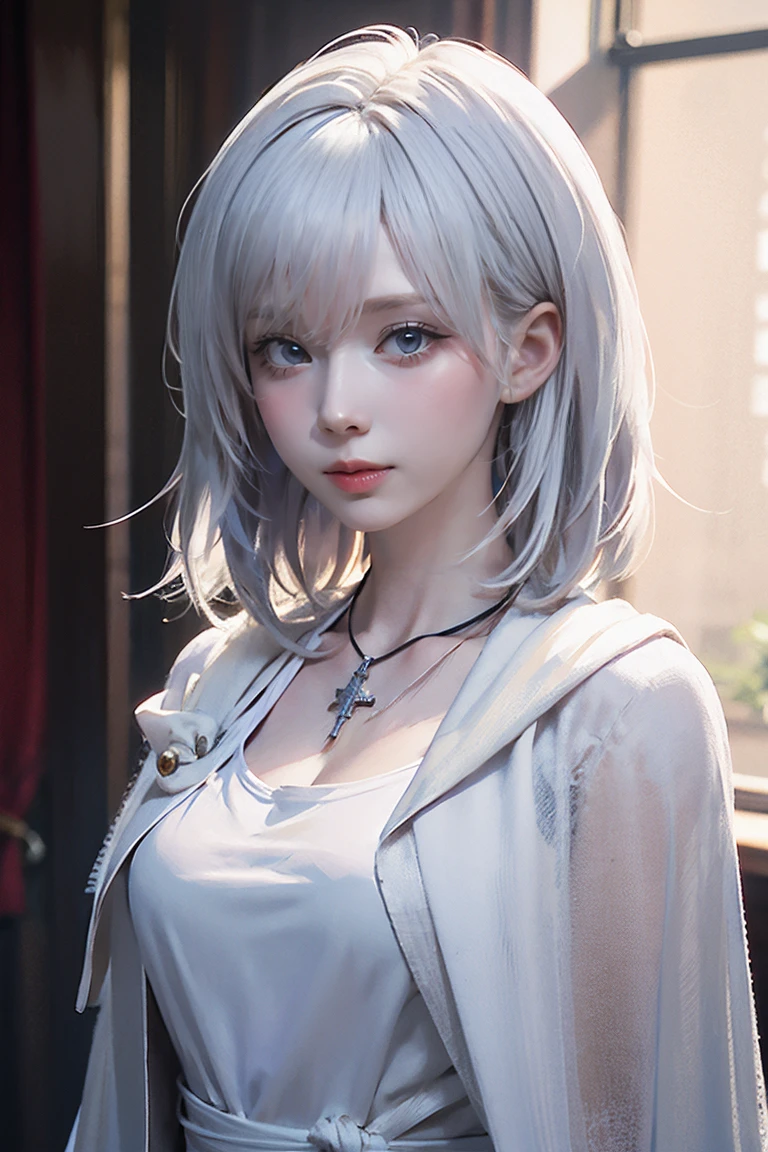 ((Close-up of a woman with tattoos on her chest)), girl, ((Short white hair with bangs, Black strands of hair)), Purple eyes, White T-shirt and white cape, Pendant around the neck. 超High resolution.Realistic. 超High resolution.Realistic:1.4,超High resolution. Realistic,High resolutionで, masterpiece, Highest quality, Very detailed, Better Shadows, Volumetric lighting), super high quality, High resolution, 8k, 超Realisticな肖像画 , Realistic, Dynamic Lighting, Volumetric lighting, Very detailed顔,(Browsing Caution:0.8),Large Breasts