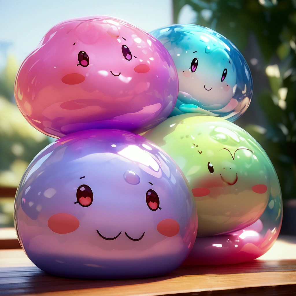 a cute slime creature, slime monster, slime character, gelatinous blob, vibrant colors, iridescent, shiny, slimy texture, gooey, translucent, whimsical, cartoon style, 3D render, dynamic pose, playful expression, adorable eyes, soft lighting, pastel colors, (best quality,4k,8k,highres,masterpiece:1.2),ultra-detailed,(realistic,photorealistic,photo-realistic:1.37)