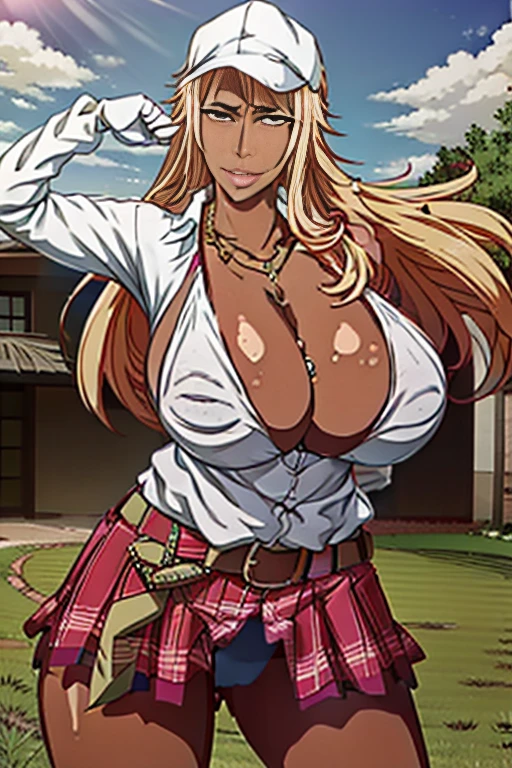 (((Actual Photos,High resolution, 8kHighest quality))),Very detailedな CG Unity 8k 壁紙, Highest quality, Very detailed, Tabletop, Realistic,Very detailedなMature Woman,Mature Woman, ((Huge breasts))Big cleavage ,Big Ass,Big Ass,Thick thighs,Saggy breasts,Narrow waist,Wide Hips,(((Off-the-shoulder bikini top:1.2)))、 (Apron Golf Mini Skirt) , (Wearing golf gloves),Wear a sun visor, Beautiful Eyes, ((The shape of the nipples is visible even through clothing))、Realistic female hands、audience, blush,A light smile, Lips parted, cowboy shot、 Tight golf wear、With your tongue firmly up、Muchimuchi Body,Hard nipples,Nipples are visible,(((ボタンが閉まらないほどHuge breasts)))、Thick thighs、(One Woman)、Tight mini skirt,(((Off-the-shoulder bikini top)))、Big Breasts、Long legs,Knee-high boots、(((Random Pause)))、Golf course、(Full body photo),Golf Tournament、Vulgar female professional golfer, 、(((Gold Necklace:1.4)))、(((Gold bejeweled stone gal belt:1.4))),(((Blonde Hair、Dark tanned skin、Brown skin:1.2)))