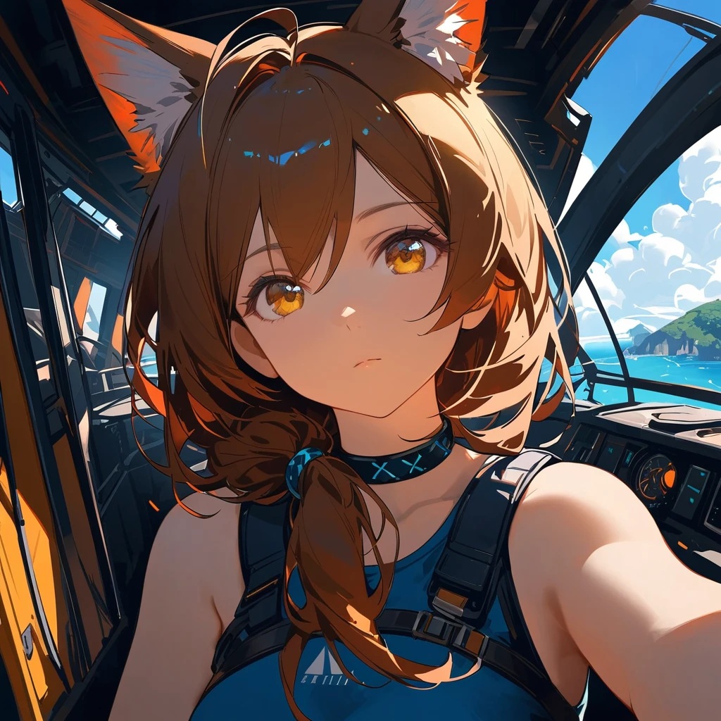 ((Holo Xaya)), animal ears, yellow eyes, stunning, hair over shoulder, hoodless, beautiful, 4k, high_definition, detailed, explorer, adventurous, sleeveless_tanktop