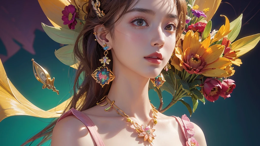 32K, 最高quality, 最高masterpiece, (ultra-Detailed Background, Detailed Background), High resolution, Super detailed, Very detailedな, One girl, (bouquet:1.3), (Tangled:1.2), (Geometric:1.2),(colorful),(masterpiece, quality, best quality, Official Art, Beautiful and beautiful:1.2), (1 girl:1.3), Very detailed,(colorful:1.1)(Flowers:1.3),Most detailed,(Tangled:1.2), whole body, (Abstract background:1.3), (Skin glows), (Many colors:1.4), ,(Earrings Jewelry:1.5), Pale Red Background,