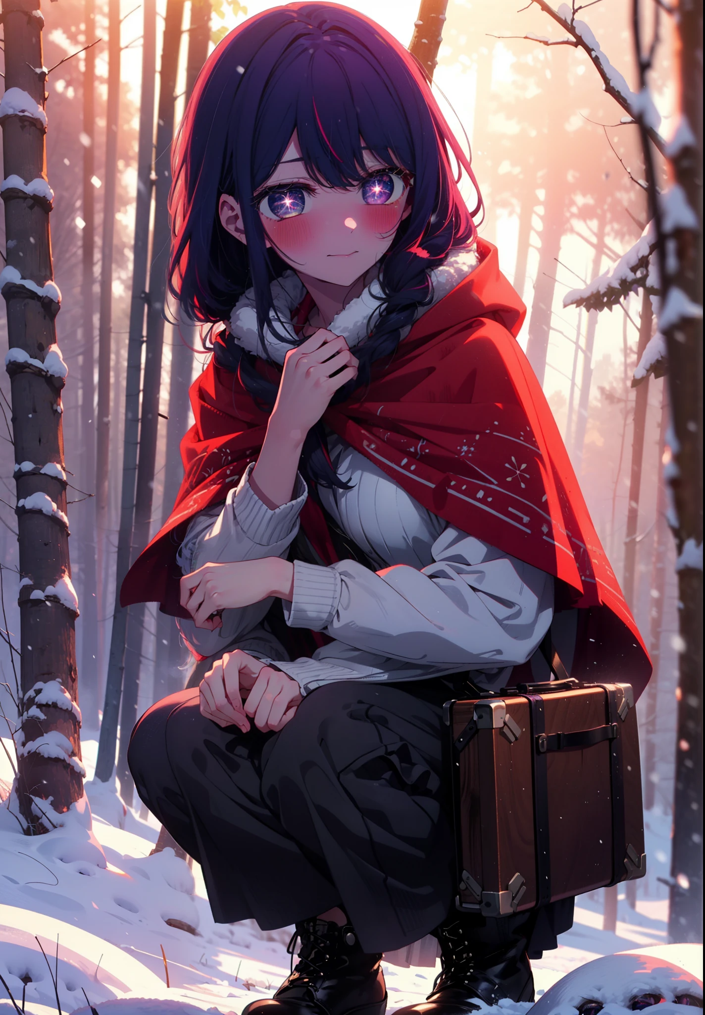 aihoshino, Ai Hoshino, Long Hair, bangs, (Purple eyes:1.1), Purple Hair, (Symbol-shaped pupil:1.5), smile,,smile,blush,white breath,
Open your mouth,snow,Ground bonfire, Outdoor, boots, snowing, From the side, wood, suitcase, Cape, Blurred, , forest, White handbag, nature, Squat, Mouth closed, Cape, winter, Written boundary depth, Black shoes, red Cape break looking at viewer, Upper Body, whole body, break Outdoor, forest, nature, break (masterpiece:1.2), Highest quality, High resolution, unity 8k wallpaper, (shape:0.8), (Beautiful and beautiful eyes:1.6), Highly detailed face, Perfect lighting, Highly detailed CG, (Perfect hands, Perfect Anatomy),