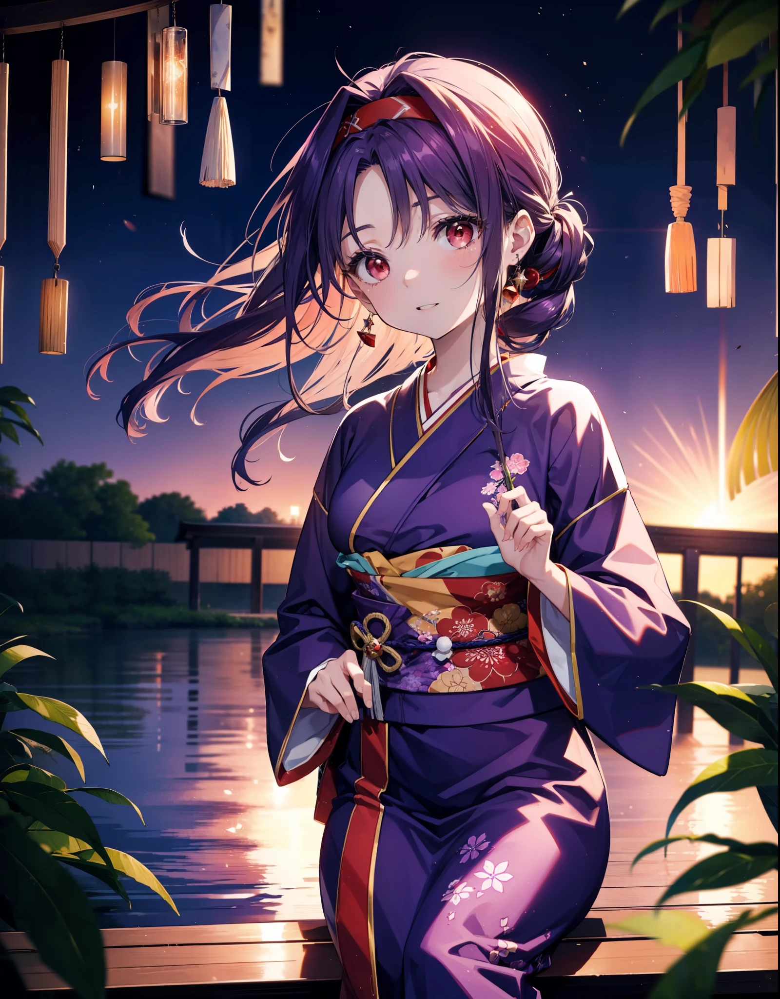 yuukikonno, Yuuki Konno, hair band, Long Hair, Pointed Ears, Purple Hair, (Red eyes:1.5), (Small breasts:1.2),low twin tail,smile,Open your mouth,hair tied back,Purple Kimono,Purple long skirt,Fireworks in the night sky,Fireworks,The place is a fireworks display,Time is night,sunny day,Sitting on a bench,Holding a watermelon in both hands and eating it,Wind Chimes,whole bodyがイラストに入るよう,
break looking at viewer, , whole body, (Cowboy Shot:1. 5)
break indoors, Veranda,Japanese garden,
break (masterpiece:1.2), Highest quality, High resolution, unity 8k wallpaper, (figure:0.8), (Beautiful attention to detail:1.6), Highly detailed face, Perfect lighting, Highly detailed CG, (Perfect hands, Perfect Anatomy),