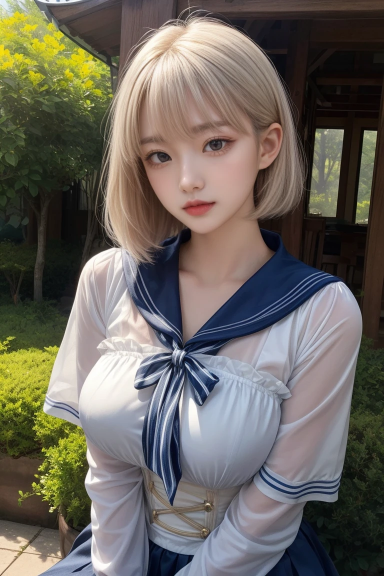 reflected light、Platinum blonde hair with dazzling highlights、Shiny Hair、beautiful shiny bangs、bright, clear, Charm, large blue eye、A very beautiful, adorable and cute 16 year old girl.、Ample Bust、Beautiful detailed eye、 Beautifully detailed nose,((whole body:1.5)),eyeを強調するメイク、Scattered beneath the surface、Glamorous details、Nature background、Super huge breasts、((Cinematic))、(Loose and fluffy perm:1.4)、1 girl、((Bob Hair:1.3))、超Genuineな8K CG、絵に描いたようなperfectionなperfectionな顔、perfection、clean、masterpiece、Professional artwork、 Famous works of art、perfectionな顔、Beautiful Face、美しいeyeのない女性の体、alone、(Immersive atmosphere、Claire Obscure:1.5、bright light:1.2、bright lighting)、(blush:0.5)、Captivating look、Very detailed_eye、Beautifully detailed backgrounds、Written boundary depth、Genuine:1.3、Long Shot、whole body、(Zhou Haoguang:1.3)、(Cinematic composition:1.3)、(Puffy eye:1.2)、(Slim legs)、(Light on face and chest)、(((((Underbust)))))、Under the chest、Oily skin、thin、 Mature Woman、Light blue hair、((bright灰色の髪))、(((Two-tone hair)))、Slender women、Cute Woman、 8K Ultra HD,Detailed face、Delicate texture, ((Sailor suit))、Sailor suitを着た女の子、garden、((Seated Girl))、((芝生の上にSeated Girl))、evening、((exy paws