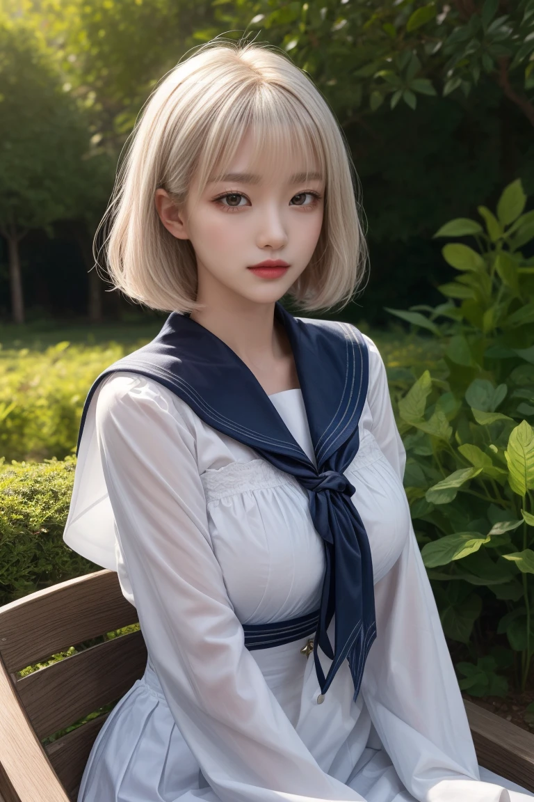reflected light、Platinum blonde hair with dazzling highlights、Shiny Hair、beautiful shiny bangs、bright, clear, Charm, large blue eye、A very beautiful, adorable and cute 16 year old girl.、Ample Bust、Beautiful detailed eye、 Beautifully detailed nose,((whole body:1.5)),eyeを強調するメイク、Scattered beneath the surface、Glamorous details、Nature background、Super huge breasts、((Cinematic))、(Loose and fluffy perm:1.4)、1 girl、((Bob Hair:1.3))、超Genuineな8K CG、絵に描いたようなperfectionなperfectionな顔、perfection、clean、masterpiece、Professional artwork、 Famous works of art、perfectionな顔、Beautiful Face、美しいeyeのない女性の体、alone、(Immersive atmosphere、Claire Obscure:1.5、bright light:1.2、bright lighting)、(blush:0.5)、Captivating look、Very detailed_eye、Beautifully detailed backgrounds、Written boundary depth、Genuine:1.3、Long Shot、whole body、(Zhou Haoguang:1.3)、(Cinematic composition:1.3)、(Puffy eye:1.2)、(Slim legs)、(Light on face and chest)、(((((Underbust)))))、Under the chest、Oily skin、thin、 Mature Woman、Light blue hair、((bright灰色の髪))、(((Two-tone hair)))、Slender women、Cute Woman、 8K Ultra HD,Detailed face、Delicate texture, ((Sailor suit))、Sailor suitを着た女の子、garden、((Seated Girl))、((芝生の上にSeated Girl))、evening、((exy paws