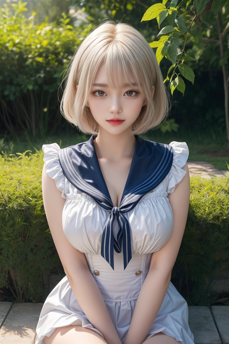 reflected light、Platinum blonde hair with dazzling highlights、Shiny Hair、beautiful shiny bangs、bright, clear, Charm, large blue eye、A very beautiful, adorable and cute 16 year old girl.、Ample Bust、Beautiful detailed eye、 Beautifully detailed nose,((whole body:1.5)),eyeを強調するメイク、Scattered beneath the surface、Glamorous details、Nature background、Super huge breasts、((Cinematic))、(Loose and fluffy perm:1.4)、1 girl、((Bob Hair:1.3))、超Genuineな8K CG、絵に描いたようなperfectionなperfectionな顔、perfection、clean、masterpiece、Professional artwork、 Famous works of art、perfectionな顔、Beautiful Face、美しいeyeのない女性の体、alone、(Immersive atmosphere、Claire Obscure:1.5、bright light:1.2、bright lighting)、(blush:0.5)、Captivating look、Very detailed_eye、Beautifully detailed backgrounds、Written boundary depth、Genuine:1.3、Long Shot、whole body、(Zhou Haoguang:1.3)、(Cinematic composition:1.3)、(Puffy eye:1.2)、(Slim legs)、(Light on face and chest)、(((((Underbust)))))、Under the chest、Oily skin、thin、 Mature Woman、Light blue hair、((bright灰色の髪))、(((Two-tone hair)))、Slender women、Cute Woman、 8K Ultra HD,Detailed face、Delicate texture, ((Sailor suit))、Sailor suitを着た女の子、garden、((Seated Girl))、((芝生の上にSeated Girl))、evening、((exy paws