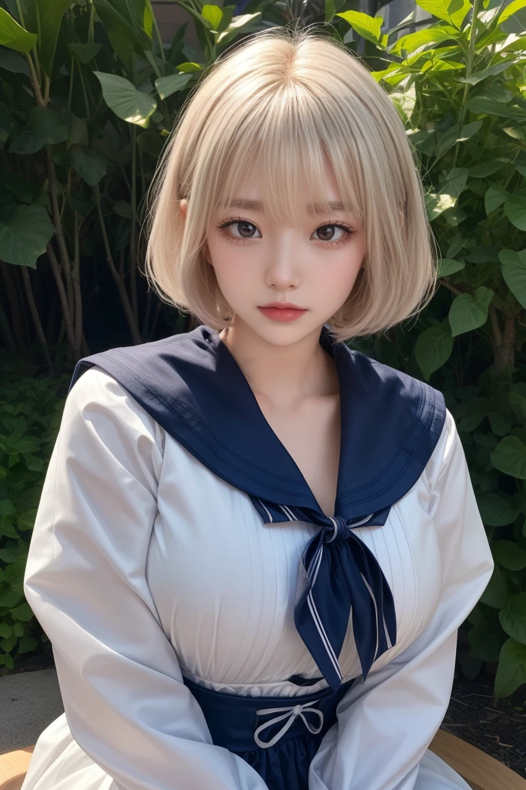 reflected light、Platinum blonde hair with dazzling highlights、Shiny Hair、beautiful shiny bangs、bright, clear, Charm, large blue eye、A very beautiful, adorable and cute 16 year old girl.、Ample Bust、Beautiful detailed eye、 Beautifully detailed nose,((whole body:1.5)),eyeを強調するメイク、Scattered beneath the surface、Glamorous details、Nature background、Super huge breasts、((Cinematic))、(Loose and fluffy perm:1.4)、1 girl、((Bob Hair:1.3))、超Genuineな8K CG、絵に描いたようなperfectionなperfectionな顔、perfection、clean、masterpiece、Professional artwork、 Famous works of art、perfectionな顔、Beautiful Face、美しいeyeのない女性の体、alone、(Immersive atmosphere、Claire Obscure:1.5、bright light:1.2、bright lighting)、(blush:0.5)、Captivating look、Very detailed_eye、Beautifully detailed backgrounds、Written boundary depth、Genuine:1.3、Long Shot、whole body、(Zhou Haoguang:1.3)、(Cinematic composition:1.3)、(Puffy eye:1.2)、(Slim legs)、(Light on face and chest)、(((((Underbust)))))、Under the chest、Oily skin、thin、 Mature Woman、Light blue hair、((bright灰色の髪))、(((Two-tone hair)))、Slender women、Cute Woman、 8K Ultra HD,Detailed face、Delicate texture, ((Sailor suit))、Sailor suitを着た女の子、garden、((Seated Girl))、((芝生の上にSeated Girl))、evening、((exy paws