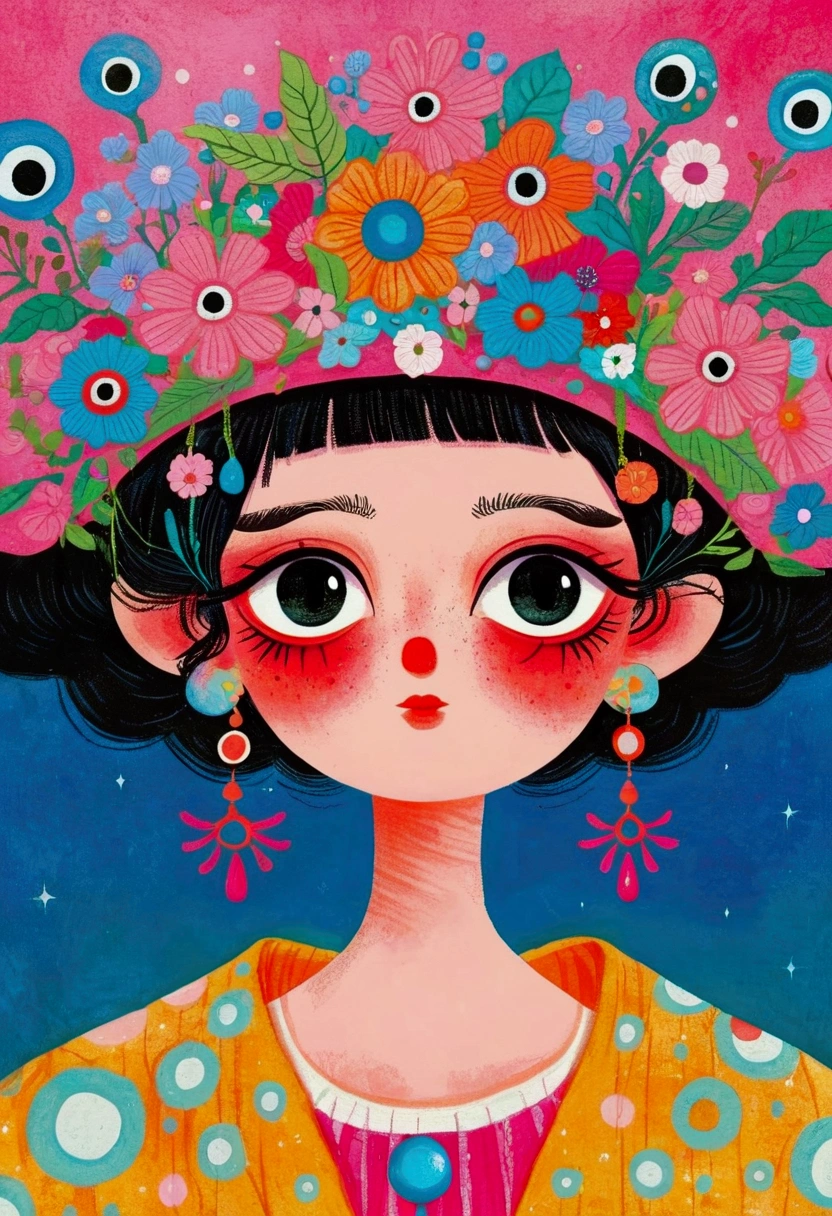 There is a person in the painting wearing a pink flower hat、Blue Eyed Woman, Psychedelic illustration, The Third Eye睛, Color illustrations, mystical The Third Eye睛, Pop Surrealism艺术风格, Juster Battle, Portrait of a mysterious giant eye, Whimsical and psychedelic, author：Mab Graves, The Third Eye的视觉, Pop Surrealism, retro Psychedelic illustration, The Third Eye, Big pink eyes